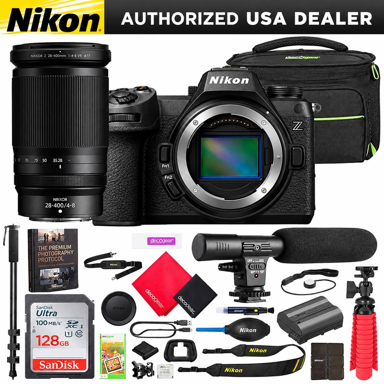 Nikon AUTHORIZED USA DEALER

NIKKOR Z 28-400mm 1:4-8 VR 077

NIKKOR 28-400/4-8

THE PREMIUM PHOTOGRAPHY PROTOCOL AWASTURCLASS PHOTOGRAPHOT

SanDisk Ultra 100 MB/s S XC I B 128GB

Rebrow Nikon - Prom AM

decogear decogear decoclear.

OFF. 10.400

GILLE Nikon Nikon

Bittles! HE

SanDisk

Nikon