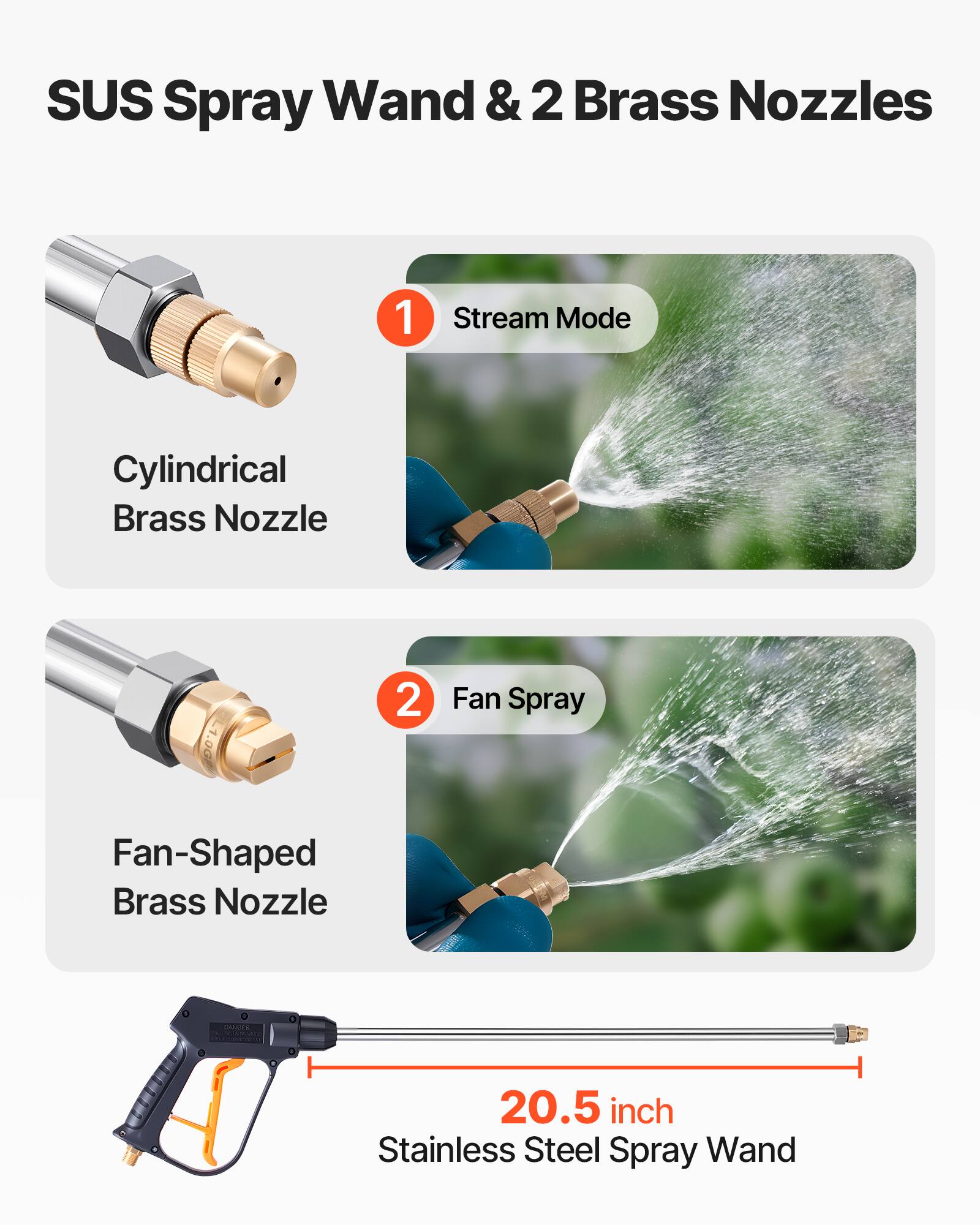SUS Spray Wand & 2 Brass Nozzles

1. Stream Mode
   - Cylindrical Brass Nozzle

2. Fan Spray
   - Fan-Shaped Brass Nozzle

20.5 inch Stainless Steel Spray Wand