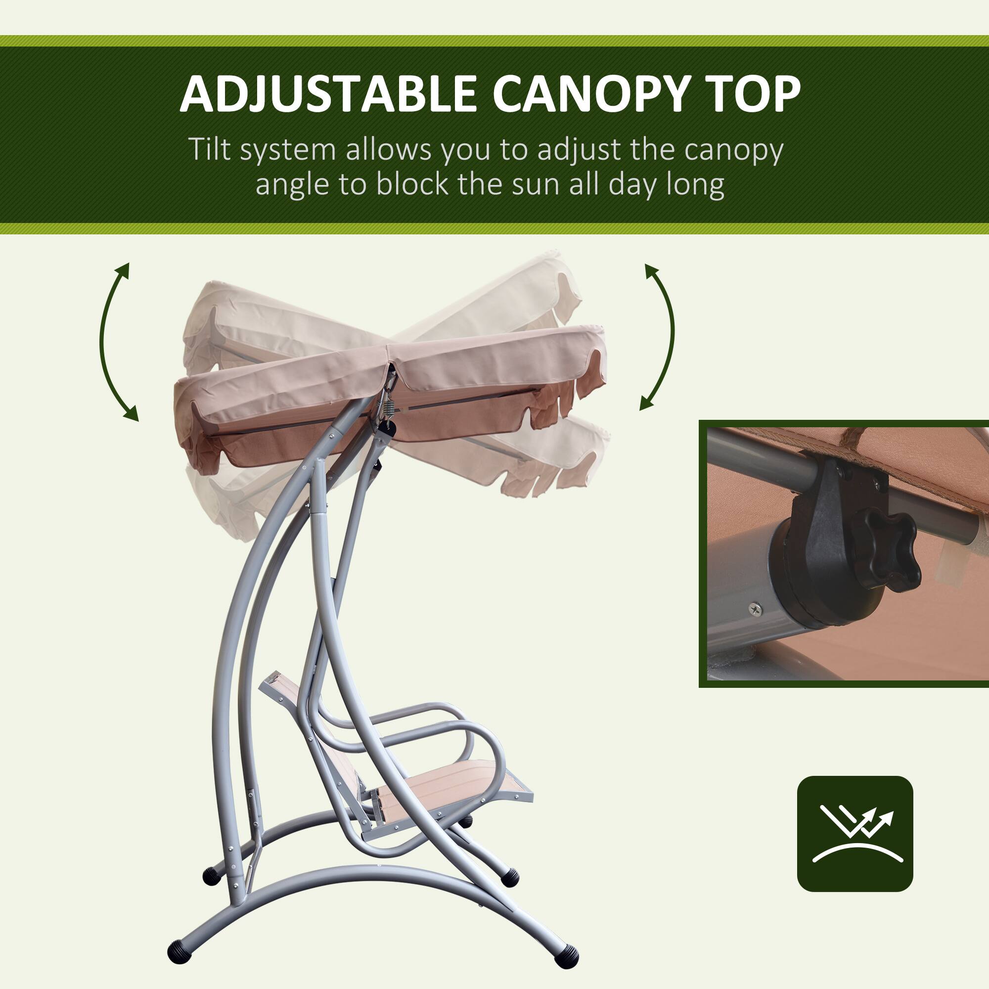 ADJUSTABLE CANOPY TOP
Tilt system allows you to adjust the canopy angle to block the sun all day long