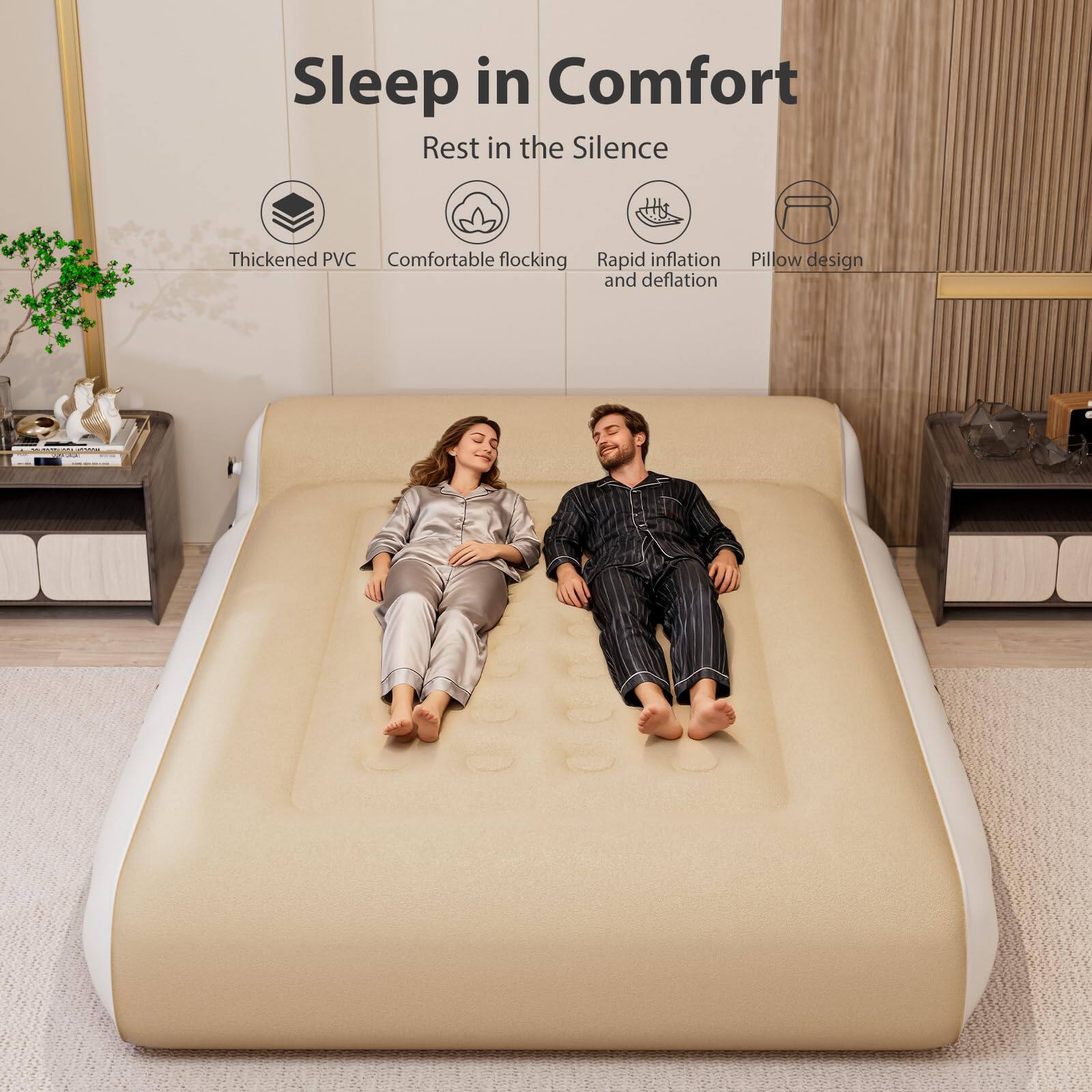Sleep in Comfort  
Rest in the Silence  

- Thickened PVC  
- Comfortable flocking  
- Rapid inflation and deflation  
- Pillow design