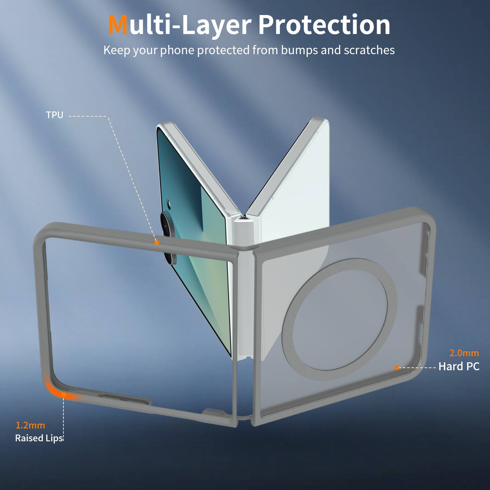 Multi-Layer Protection  
Keep your phone protected from bumps and scratches  
TPU 2.0mm  
Hard PC 1.2mm  
Raised Lips