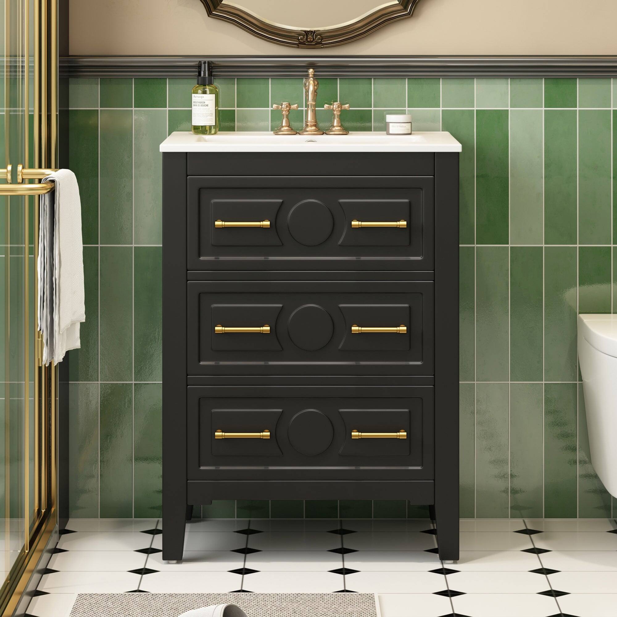 Alt View 4. Boyel Living - 24 Inch Retro Bathroom Vanity with Ceramic Sink and Three Drawers Black - Black.