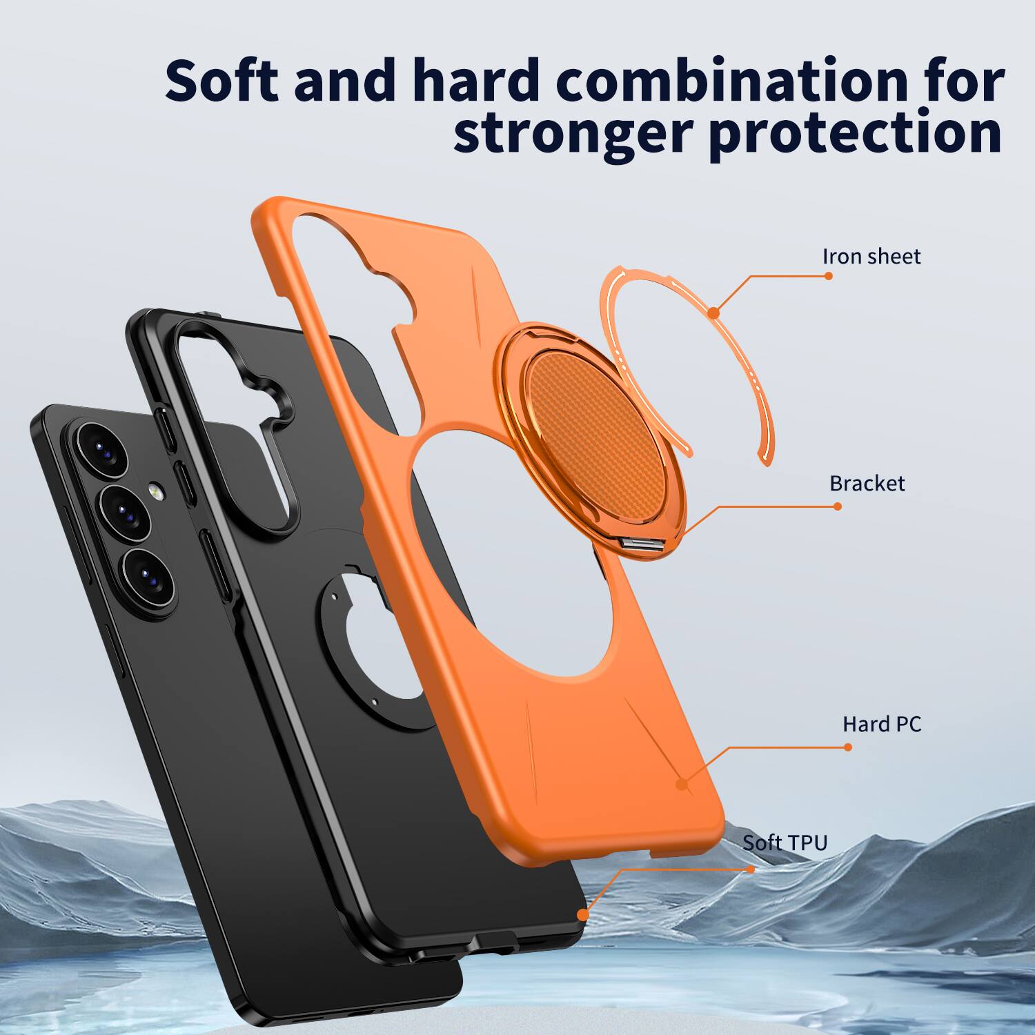 Soft and hard combination for stronger protection

Iron sheet
Bracket
Hard PC
Soft TPU