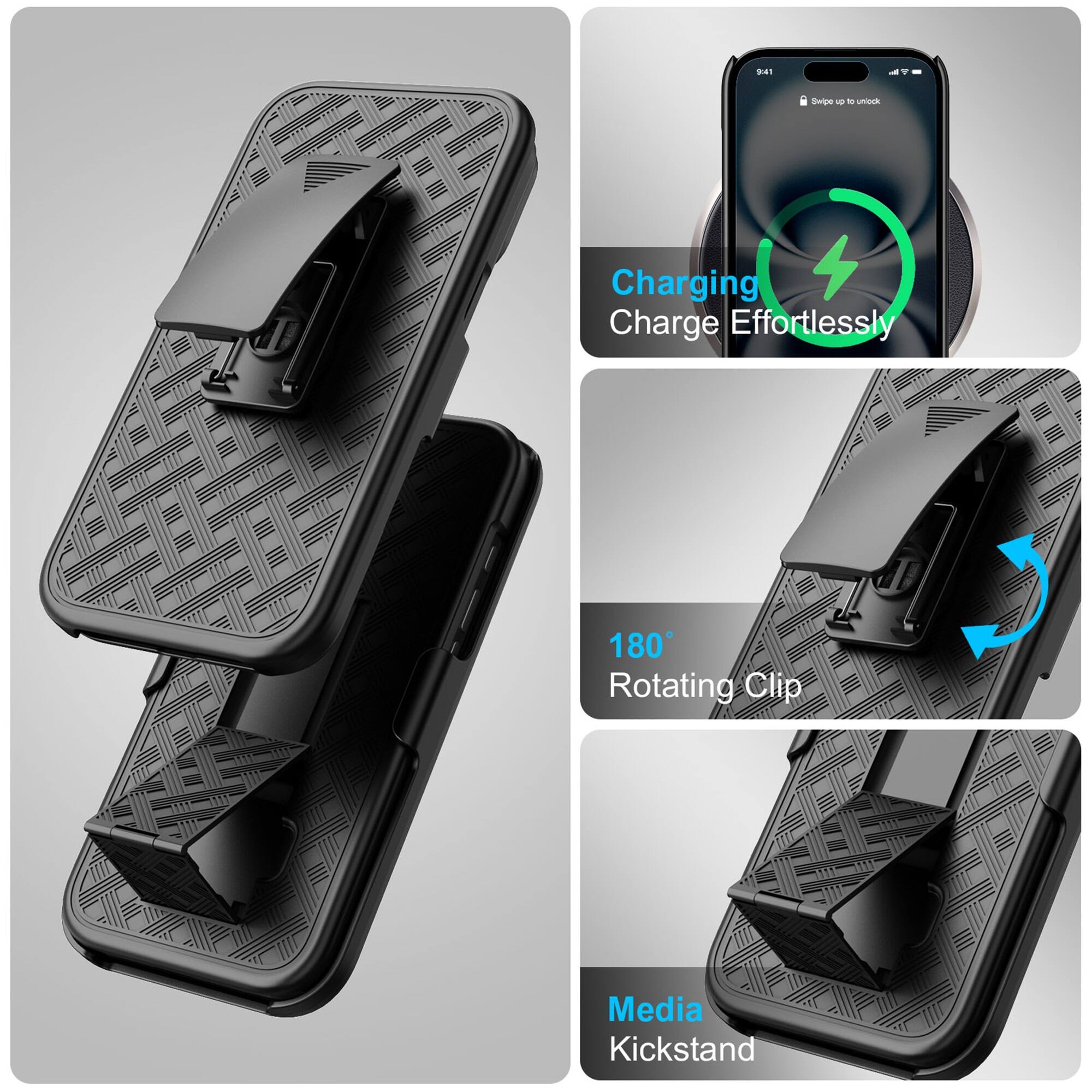 - Charging: Charge Effortlessly
- 180° Rotating Clip
- Media Kickstand