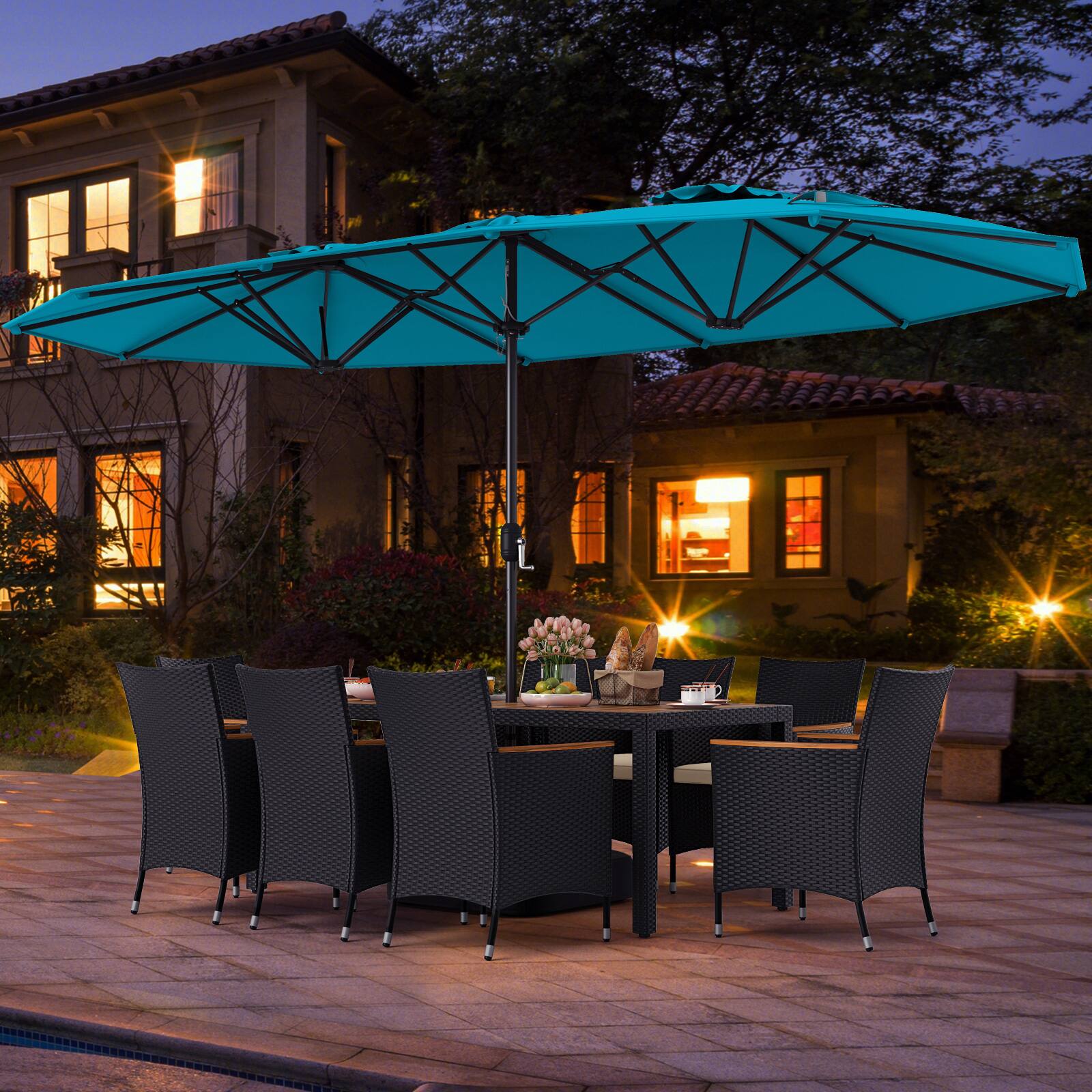 Alt View 4. Costway - Costway 11 PCS Patio Wicker Dining Set with Double-Sided Outdoor Umbrella 8 Stackable Chairs - Turquoise,White.