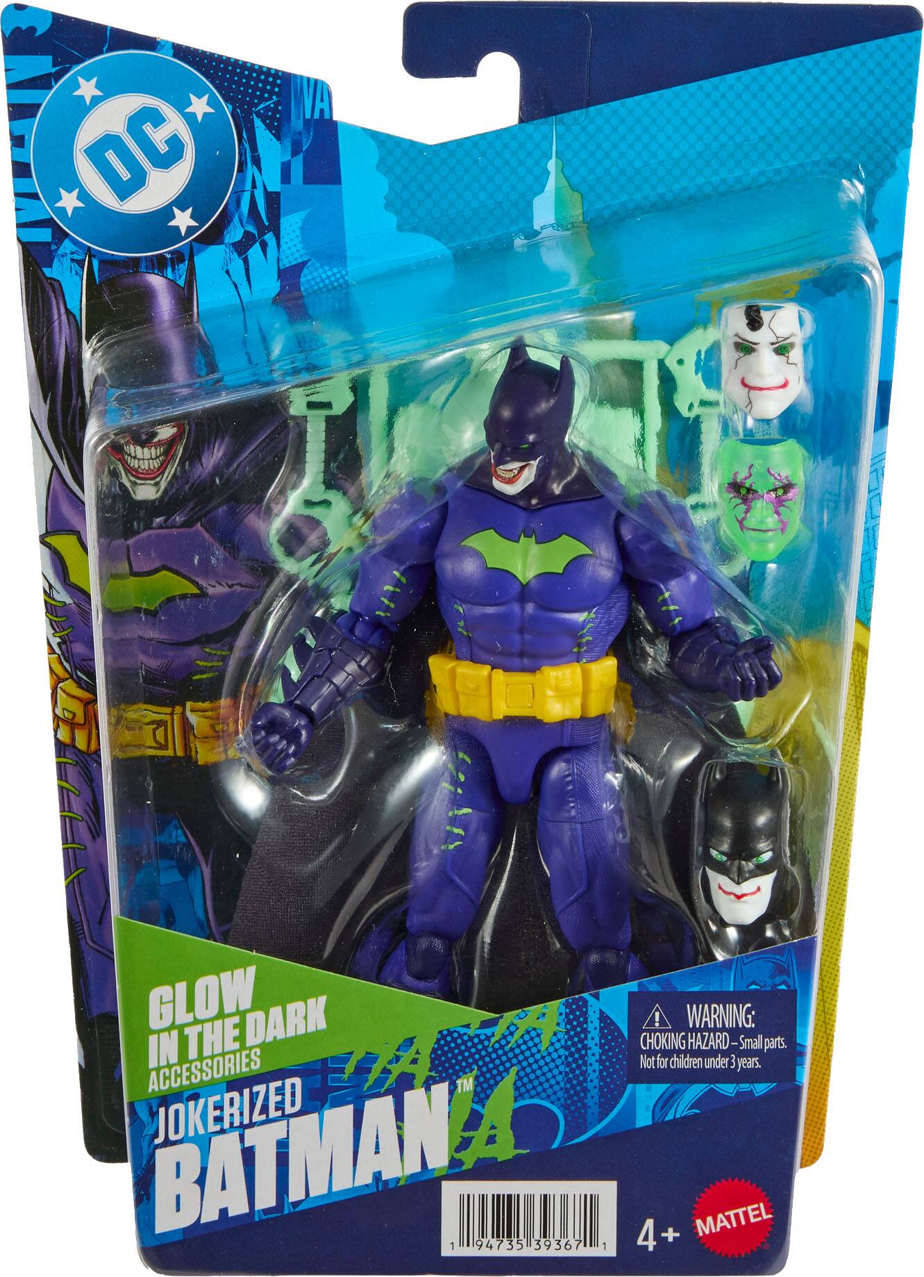 DC  
VA  
GLOW IN THE DARK! WARNING: CHOKING HAZARD-Small parts. IN ACCESSORIES Not for children under 3 years. JOKERIZED BATMAN 1 94735 39367 1 4+ MATTEL