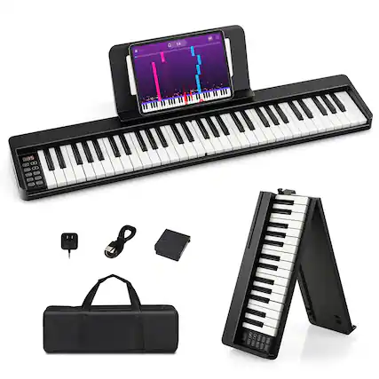 Front. Gymax - Gymax 61-Key Folding Piano Keyboard Portable Electric Piano w/ Full Size Keys Music Stand - Black.