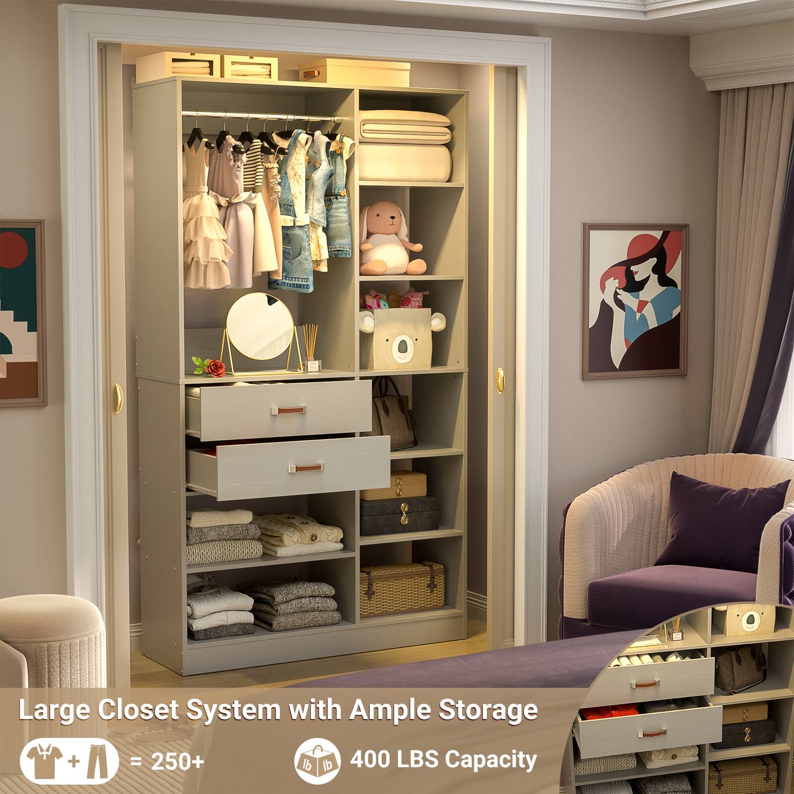 Large Closet System with Ample Storage  
= 250+ lb  
400 LBS Capacity