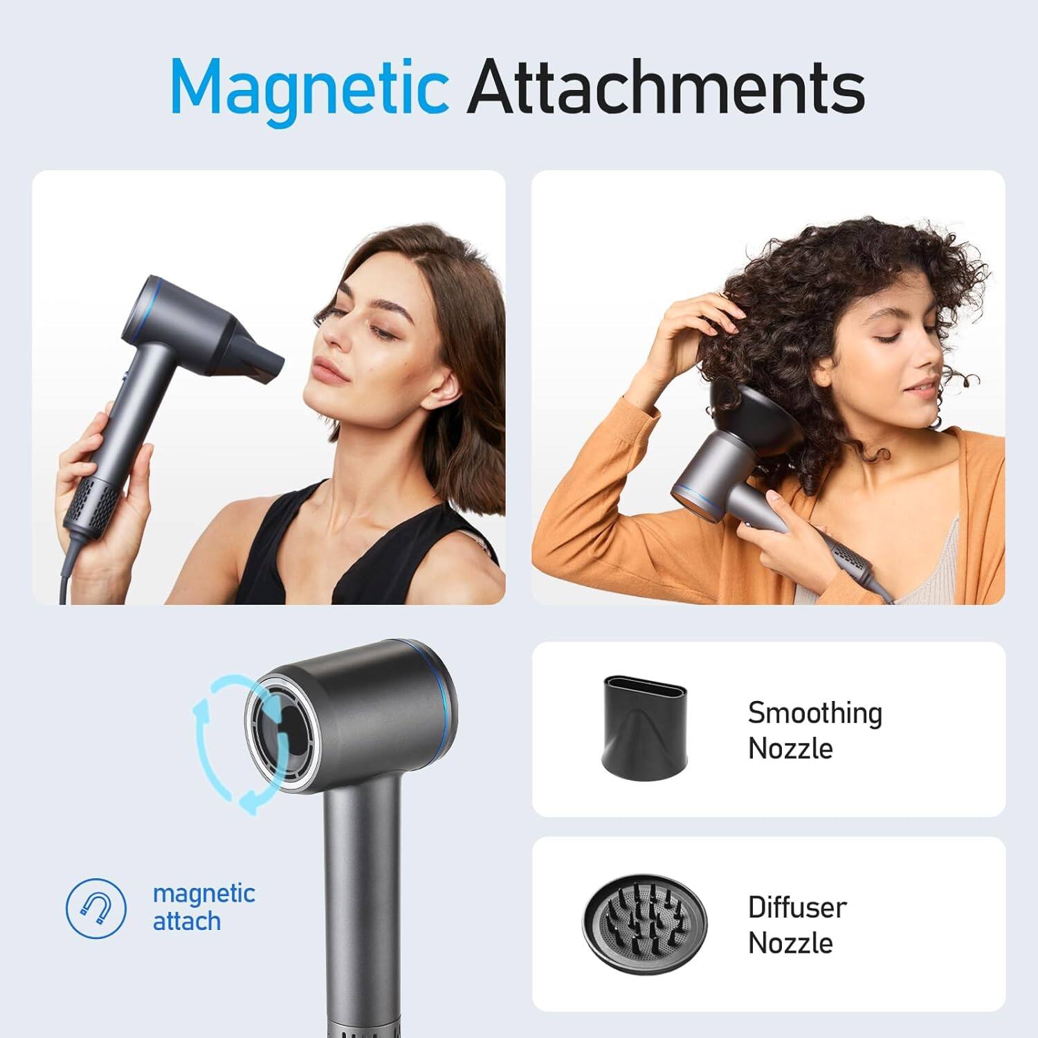 Magnetic Attachments  
- Smoothing Nozzle  
- Diffuser Nozzle