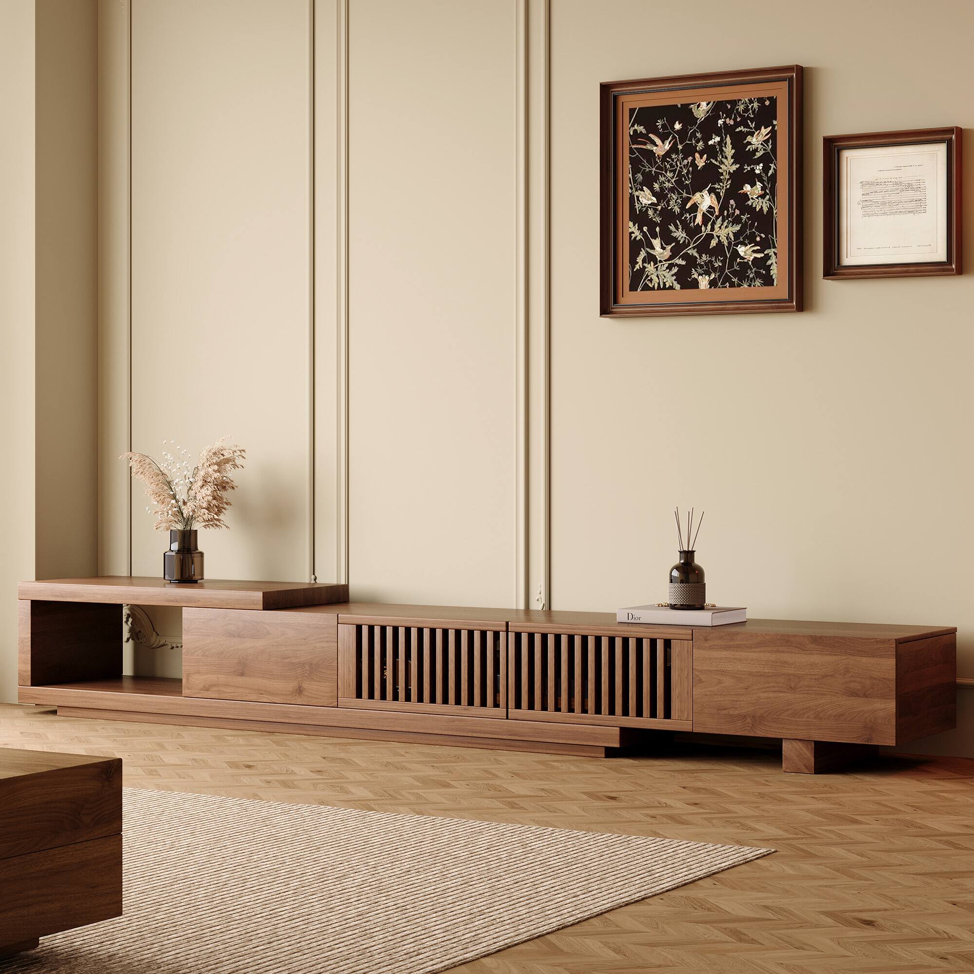 Back. luck idea - Extendable 78.54" Media Console - TV Stand & Entertainment Center with Spacious Storage - Walnut color.