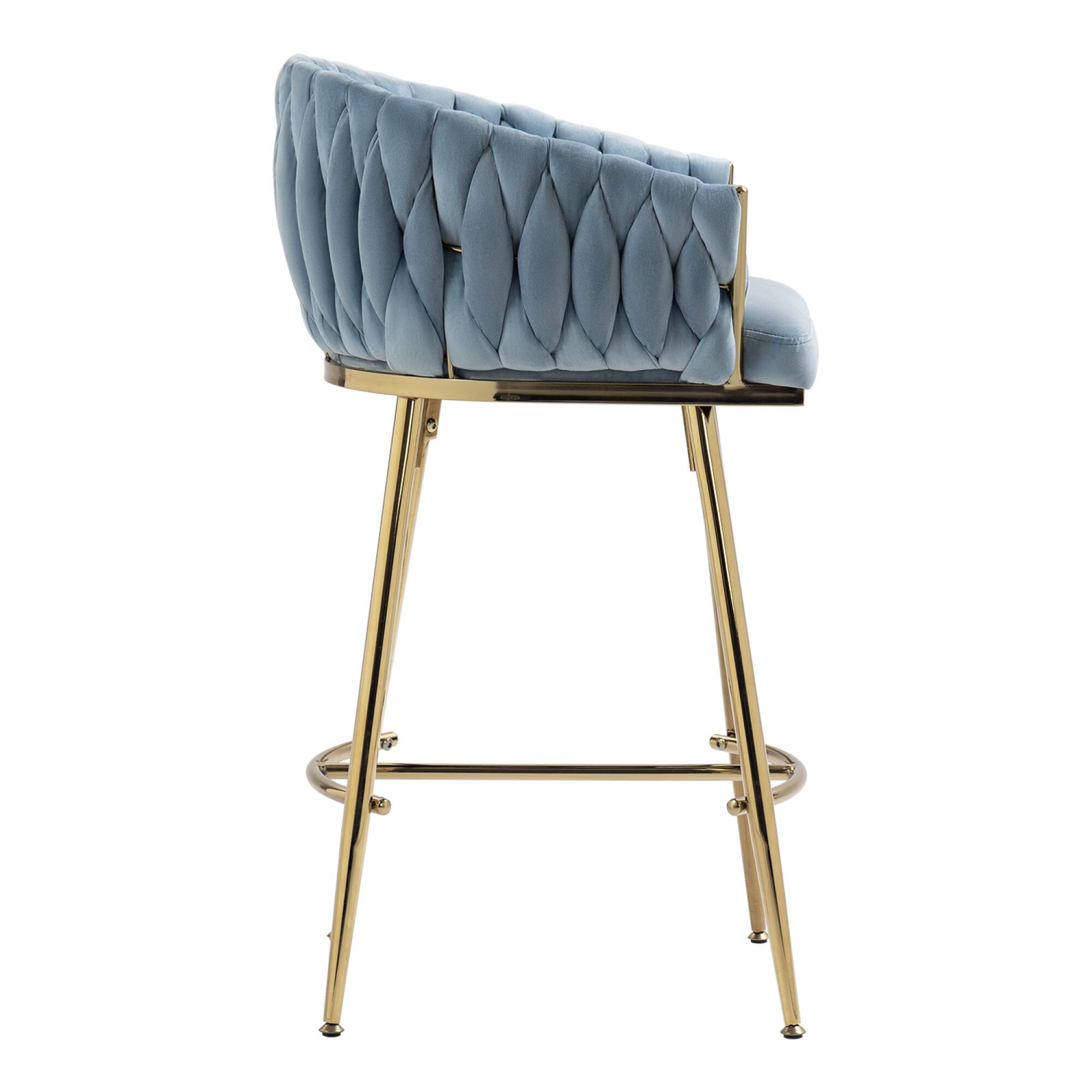Back. GOODSILO - Set of 2 Velvet Upholstered Bar Stools with Golden Chrome Base, Counter Height Stools for Kitchen Island or Bar Seating - Blue.
