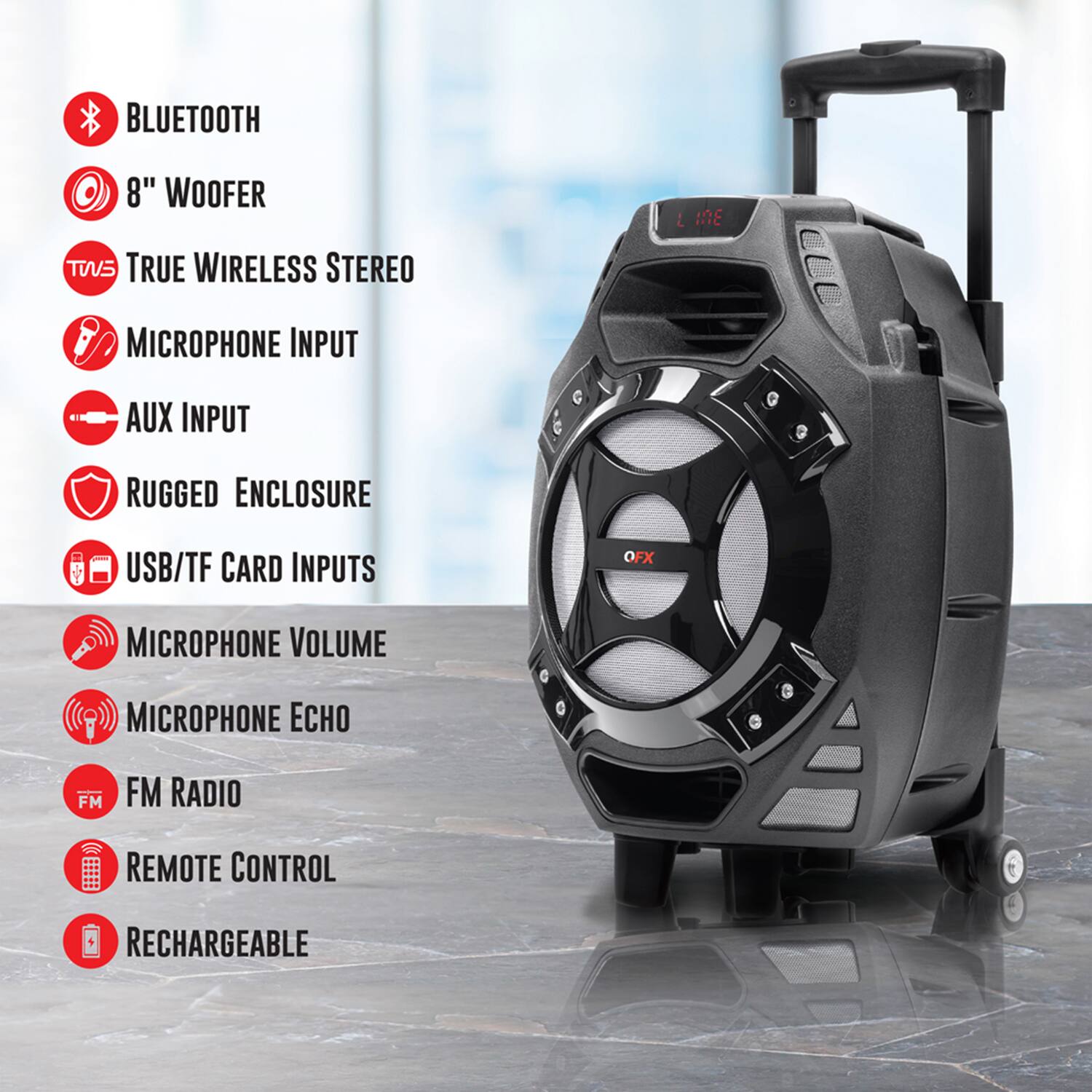 - BLUETOOTH
- 8" WOOFER
- TRUE WIRELESS STEREO
- MICROPHONE INPUT
- AUX INPUT
- RUGGED ENCLOSURE
- USB/TF CARD INPUTS
- MICROPHONE VOLUME
- MICROPHONE ECHO
- FM RADIO
- REMOTE CONTROL
- RECHARGEABLE