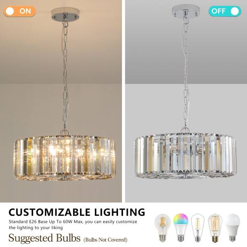 ON OFF CUSTOMIZABLE LIGHTING  
Standard E26 Base Up To 60W Max, you can easily customize the lighting to your liking  
Suggested Bulbs (Bulbs Not Covered)