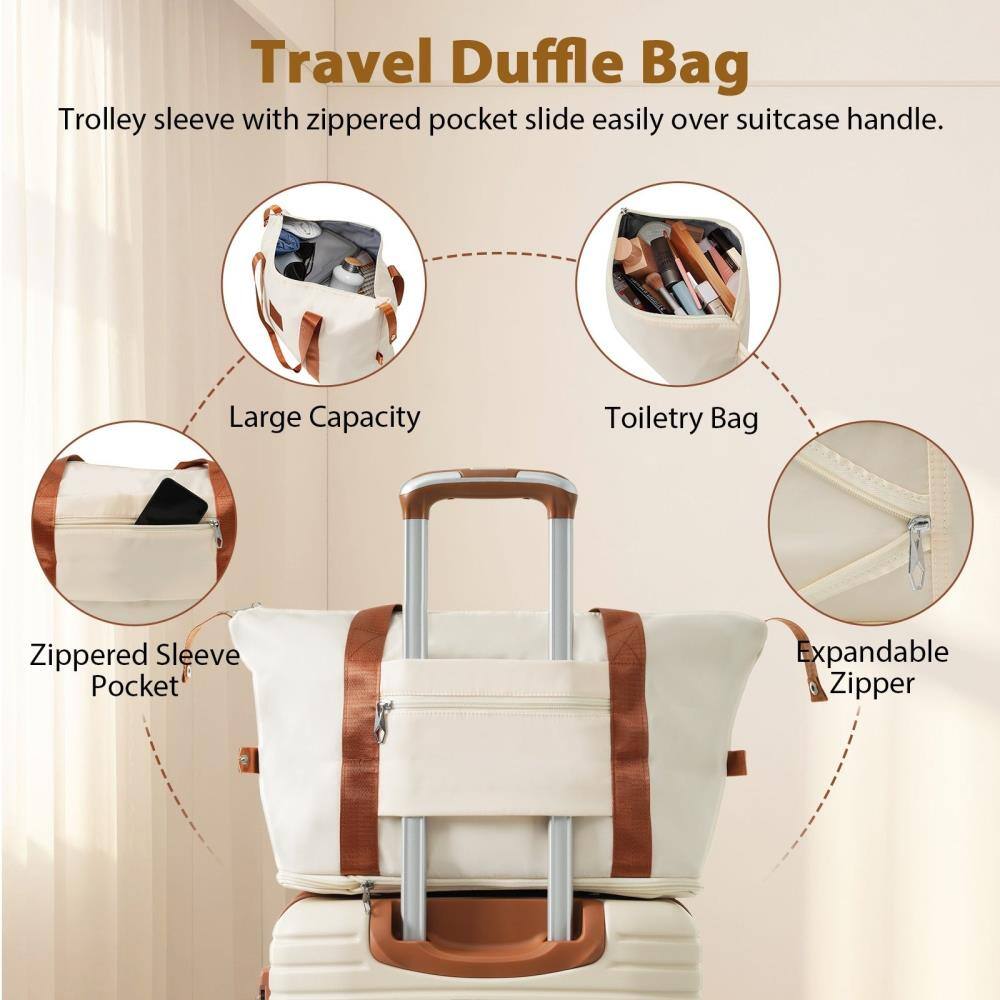 Travel Duffle Bag

- Trolley sleeve with zippered pocket slide easily over suitcase handle.
- Large Capacity
- Toiletry Bag
- Zippered Sleeve Pocket
- Expandable Zipper