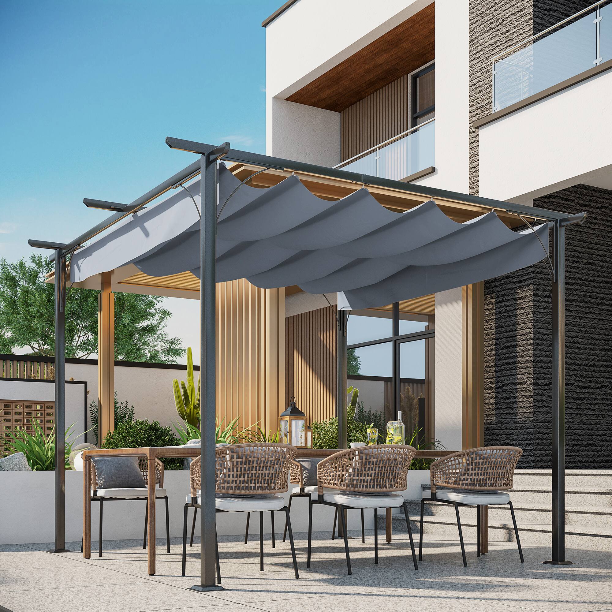 Angle. Outsunny - 10' x 10' Outdoor Retractable Pergola Canopy, Metal Patio Shade Shelter for Backyard, Porch Party - Gray.