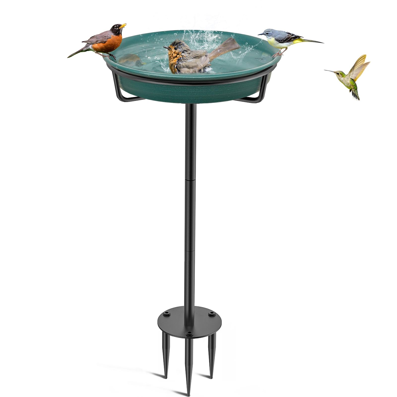Front. Dazzed Corner - Detachable Bird Bath Bowl Spa & Birdfeeder Freestanding with Metal Stake Stand - Green.