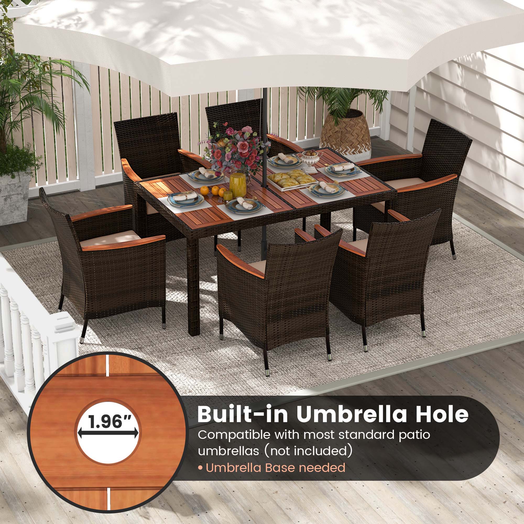 The image shows a patio set with a dining table and chairs under an umbrella. The table is surrounded by chairs, and there are potted plants nearby. The text on the image reads "1.96" Built-in Umbrella Hole Compatible with most standard patio umbrellas (not included) Umbrella Base needed." This suggests that the table is designed to accommodate an umbrella, and the umbrella base is required for use.