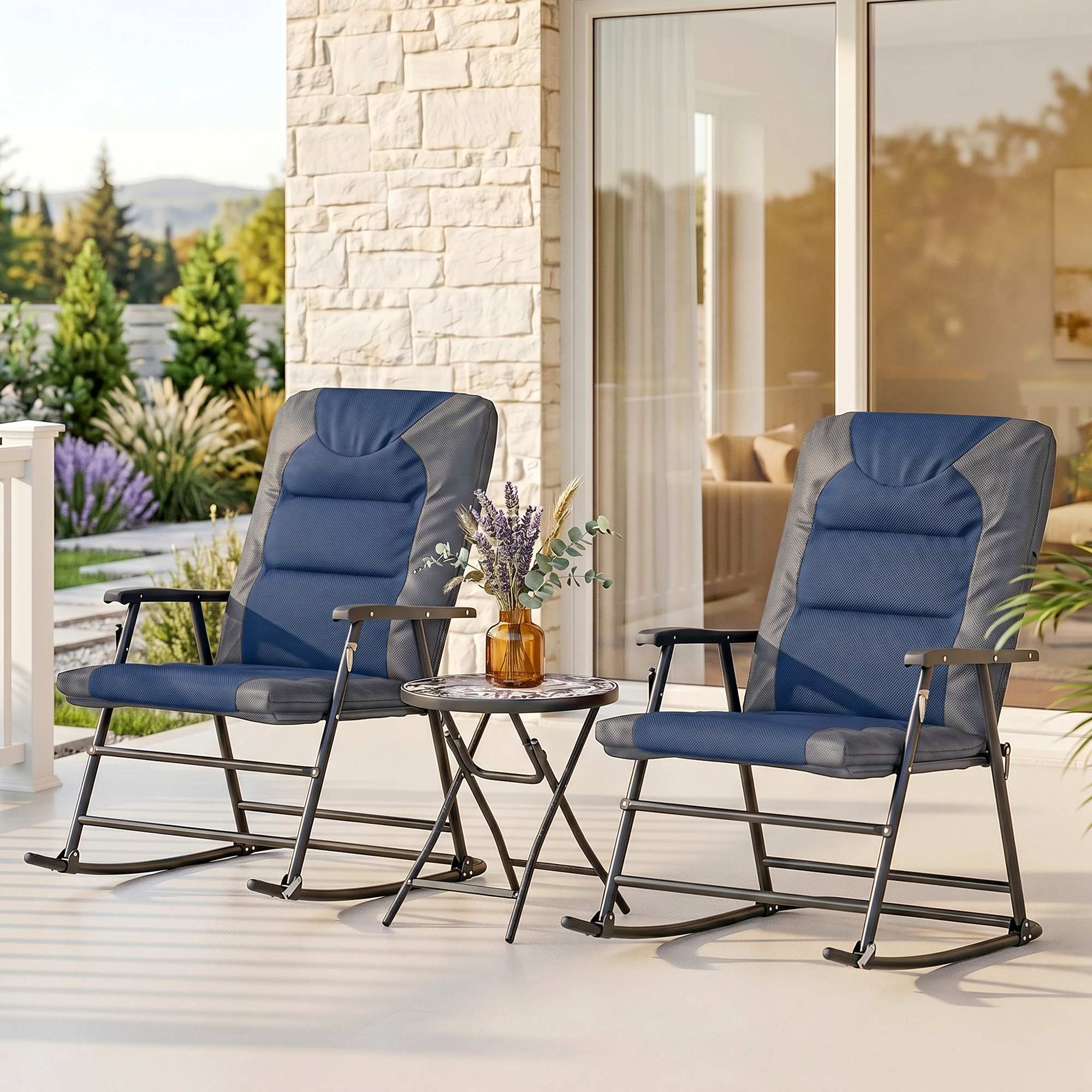 Alt View 1. Outsunny - 3 Piece Outdoor Folding Rocking Chair and Table Set - Blue and - Navy Blue.