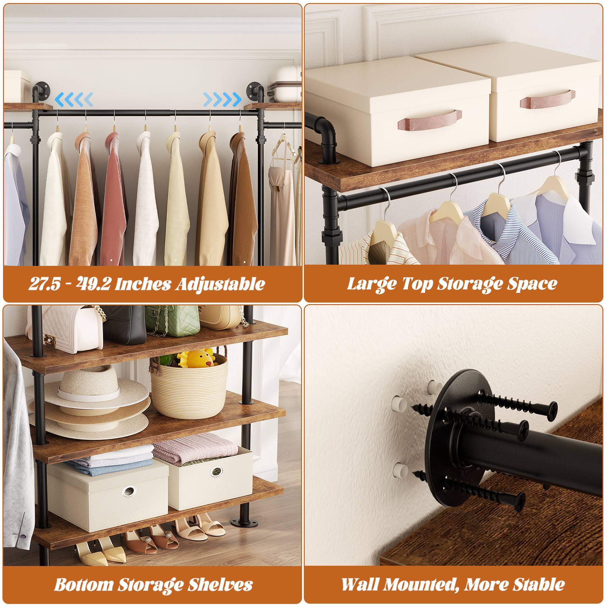 27.5 - 49.2 Inches Adjustable  
Large Top Storage Space  
Bottom Storage Shelves  
Wall Mounted, More Stable