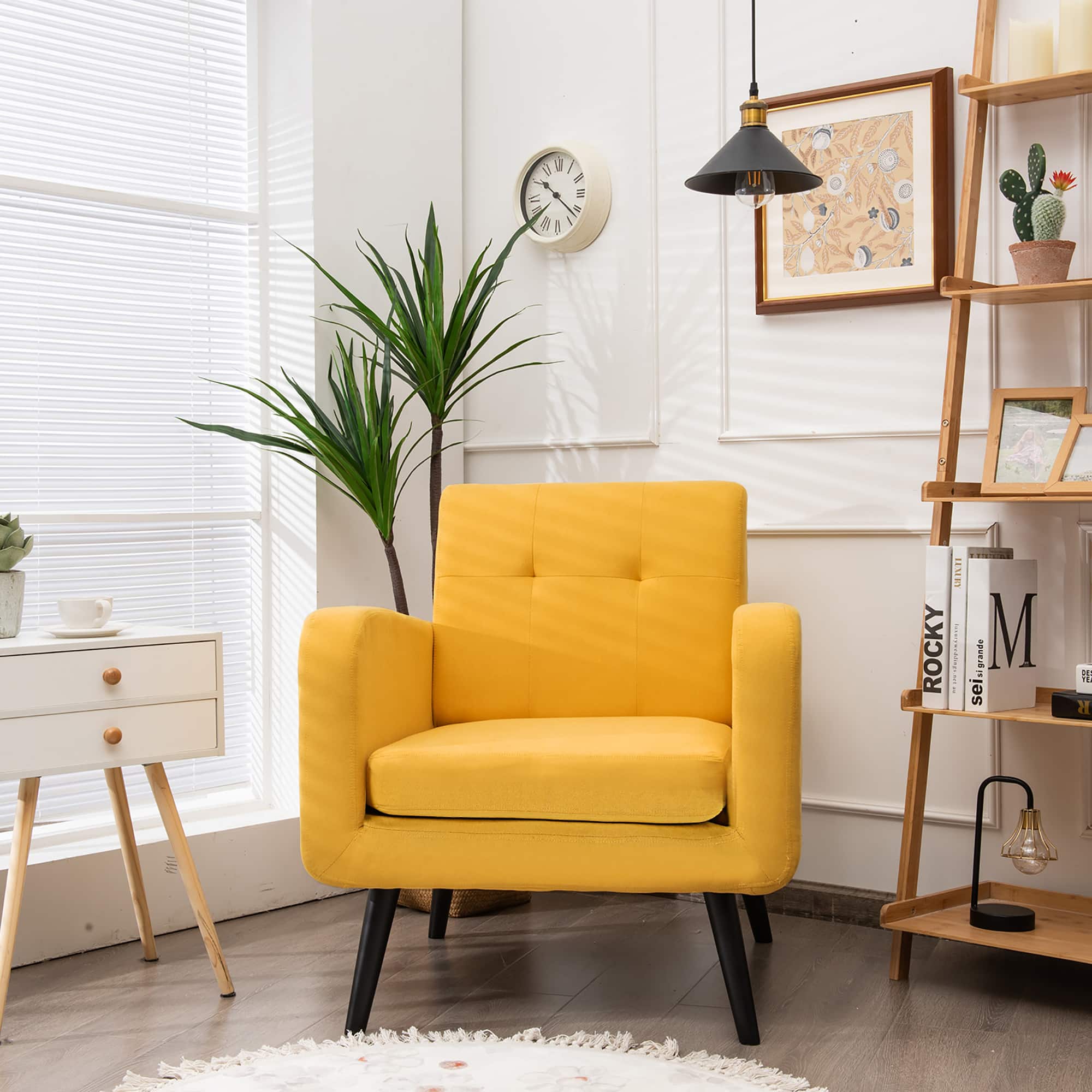 Costway Mid Century Accent Chair with Rubber Wood Legs Yellow