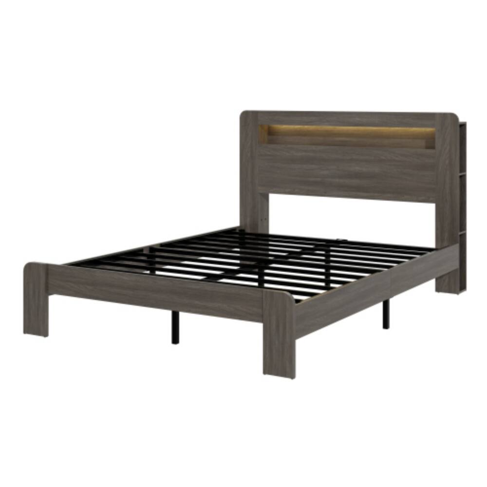 Alt View 2. LUCKY ONE - Full Size Wood Platform Bed Frame with Storage LED Headboard, USB Ports, Wood Slats, No Box Spring Needed - Dawn Grey.