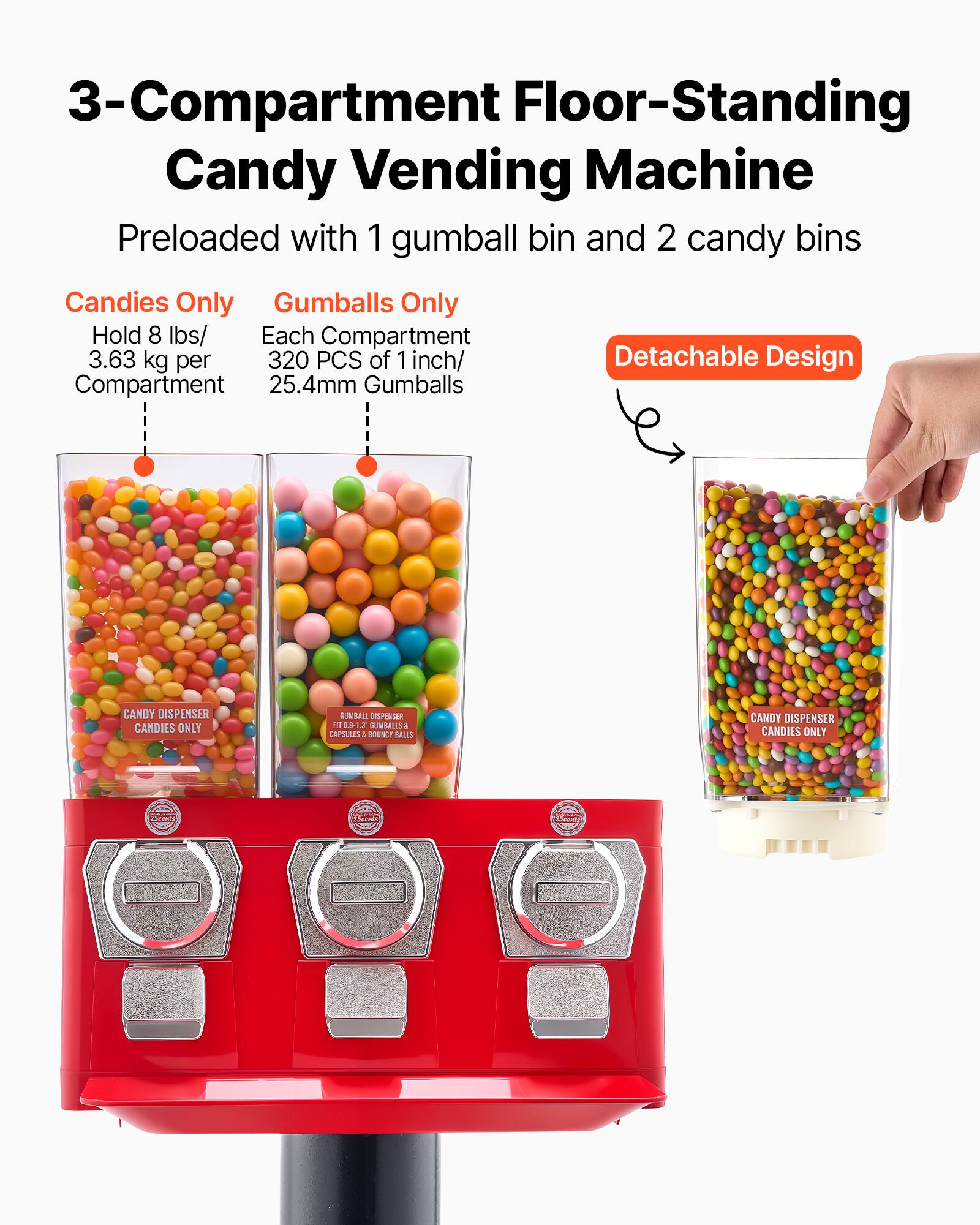 3-Compartment Floor-Standing Candy Vending Machine  
Preloaded with 1 gumball bin and 2 candy bins  

Candies Only  
Hold 8 lbs/ 3.63 kg per Compartment  

Gumballs Only  
Each Compartment 320 PCS of 1 inch/ 25.4mm Gumballs  

Detachable Design  

CANDY DISPENSER  
CANDIES ONLY  

GUMBALL DISPENSER  
GUMBALLS ONLY