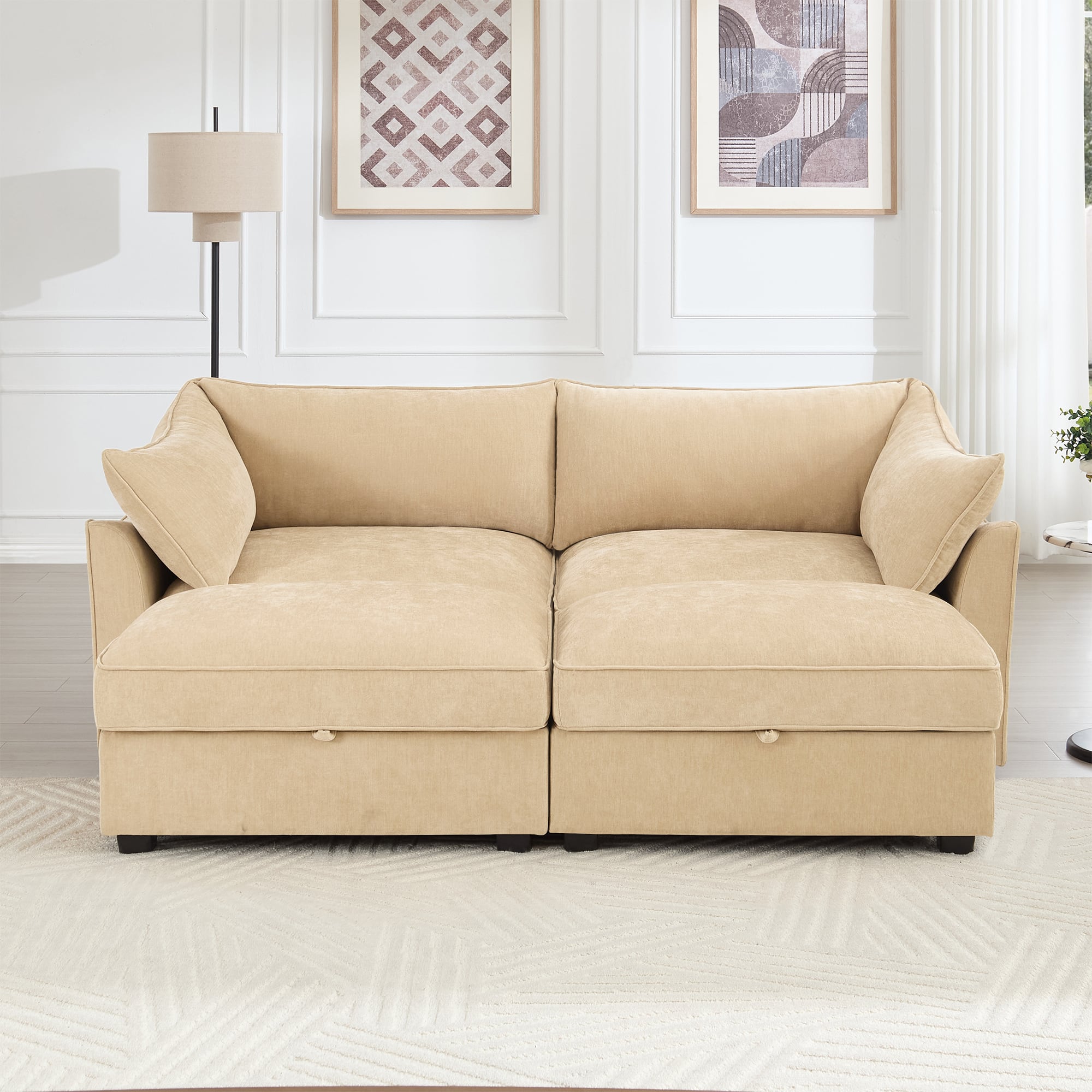 Aukfa - 2-Seater Sofa with 2 Storage Footstools - Pull-Out Drawers Under Each Seat, Chenille Fabric - Hazelwood