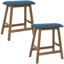 Sunnydaze - Wood Counter-Height Stool with Cushion - Set of 2 - Weathered Oak with Blue Cushion