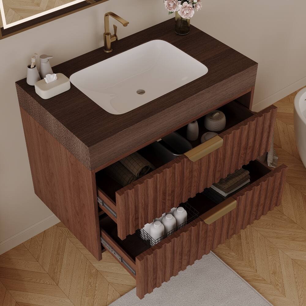 Alt View 1. Loheer - Loheer 30 inch floating bathroom vanity Walnut Wall Mounted Vanity with Sintered Stone Top - Walnut.