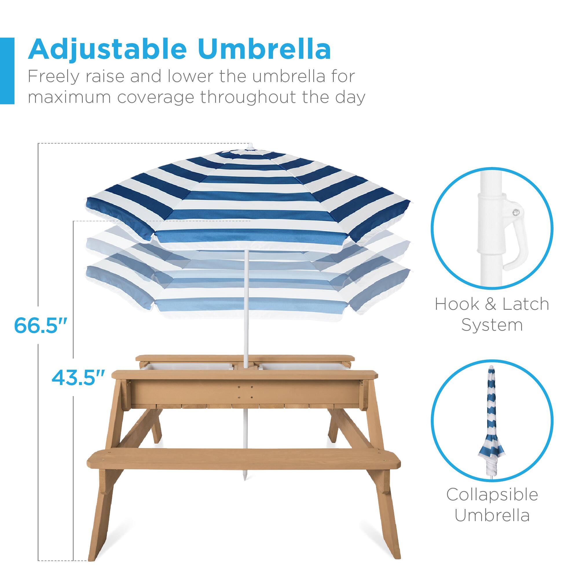 Adjustable Umbrella
Freely raise and lower the umbrella for maximum coverage throughout the day
66.5"
43.5"
Hook & Latch System
Collapsible Umbrella