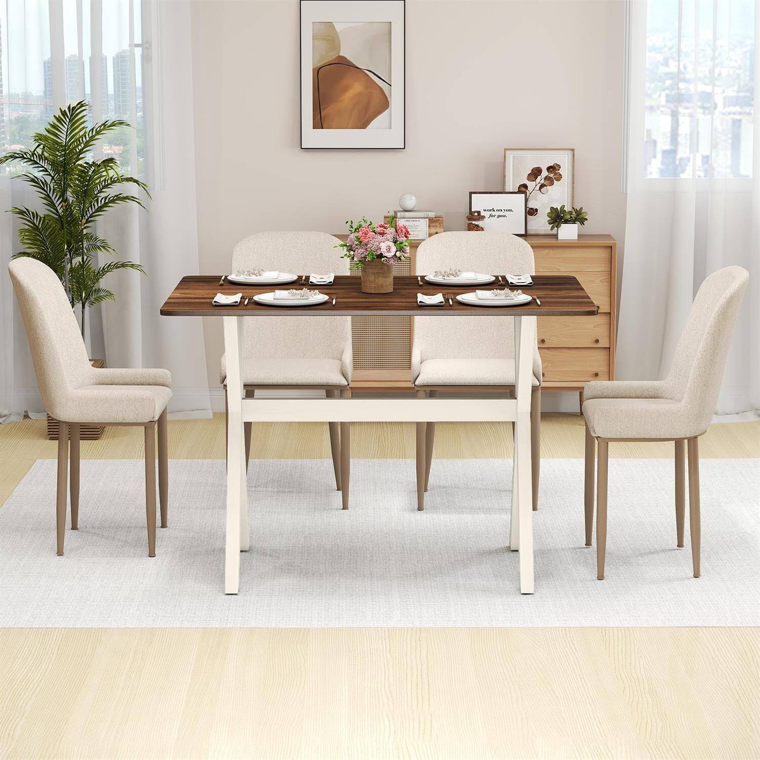 Alt View 2. Pefilos - Modern Wooden Dining Table,X-Shaped Frame Reinforced Crossbar,Non-Slip Pads,White - White.
