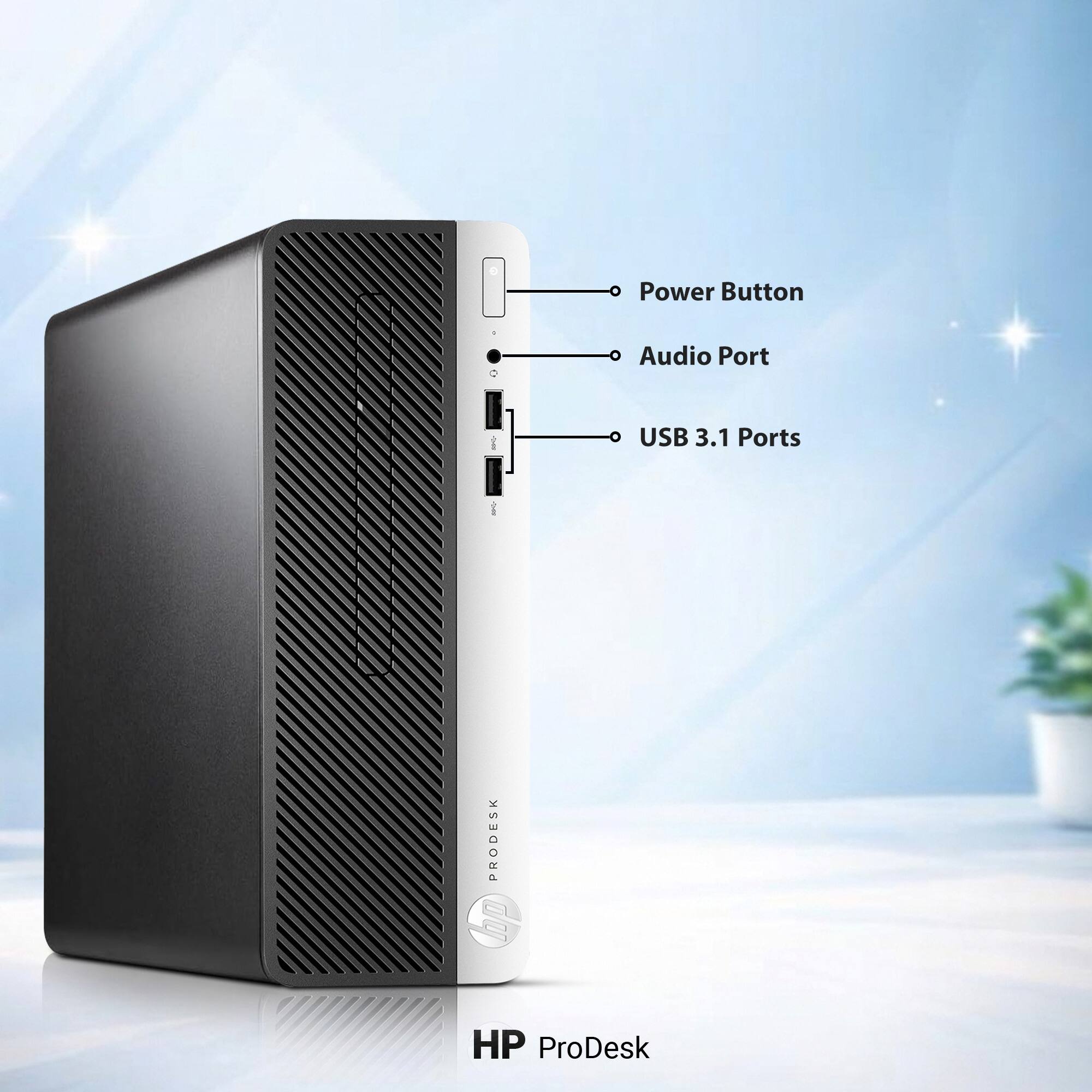 HP ProDesk

- Power Button
- Audio Port
- USB 3.1 Ports