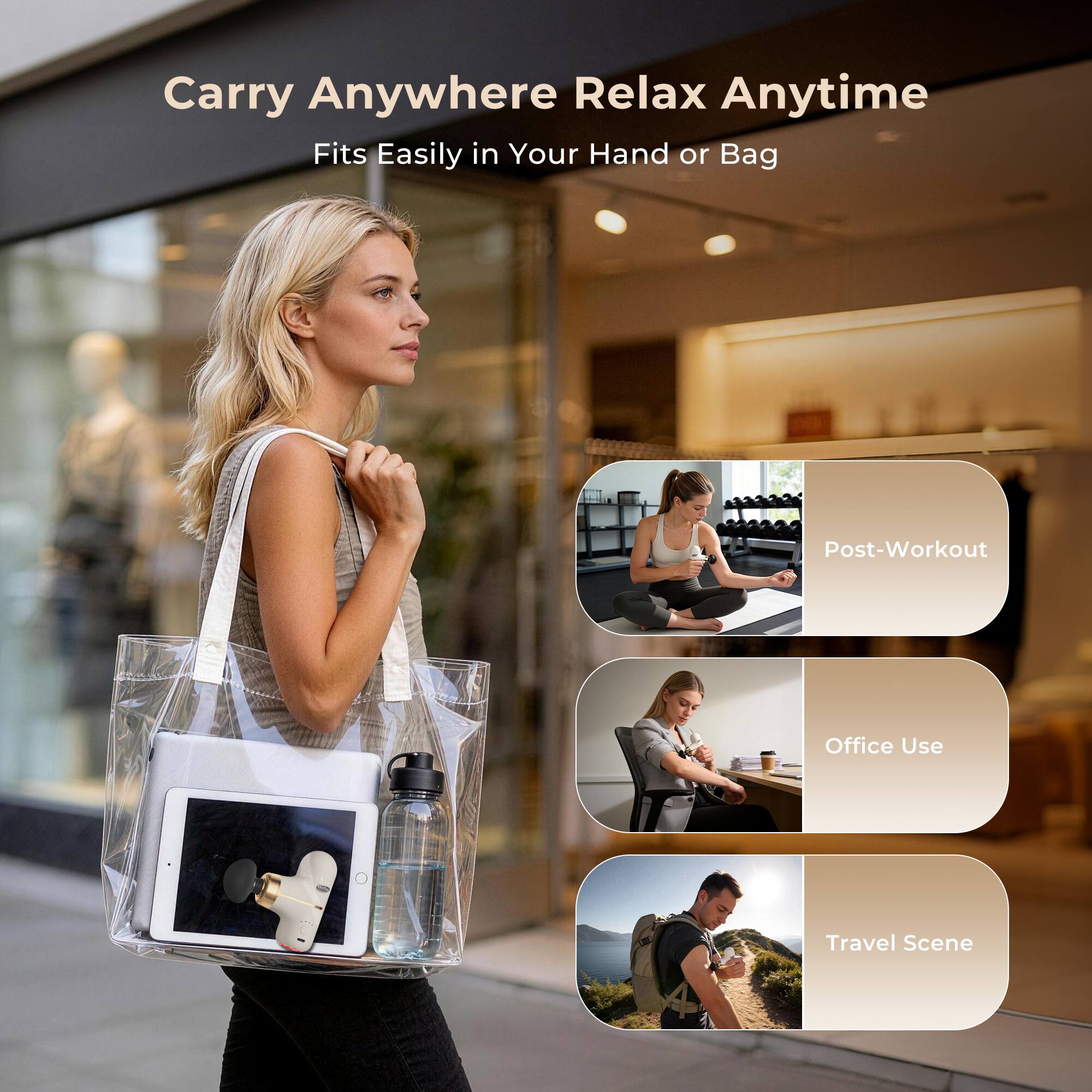 Carry Anywhere Relax Anytime  
Fits Easily in Your Hand or Bag  

Post-Workout  
Office Use  
Travel Scene