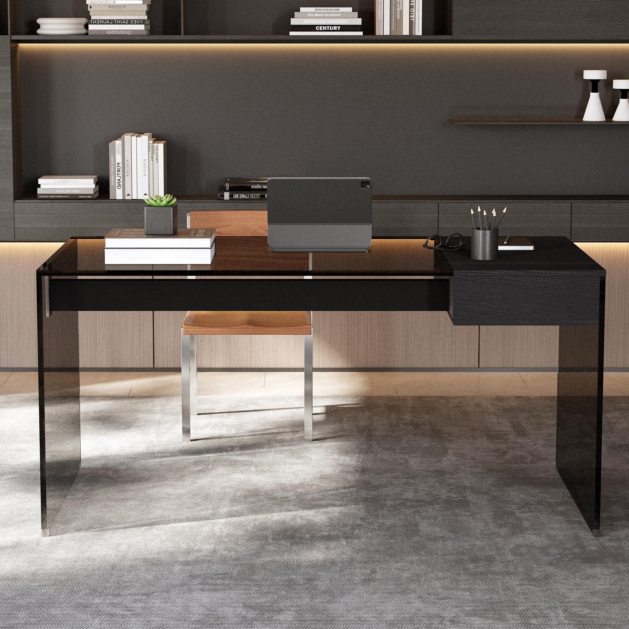 Pajiasen - Modern Tempered Glass Desk with Drawer, Wood Finish and Tempered Glass Legs - Black