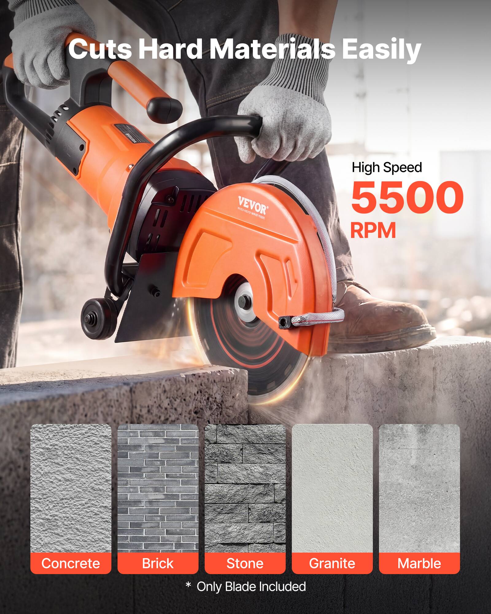 Cuts Hard Materials Easily

High Speed 5500 RPM

Concrete Brick Stone Granite Marble

* Blade Included Only