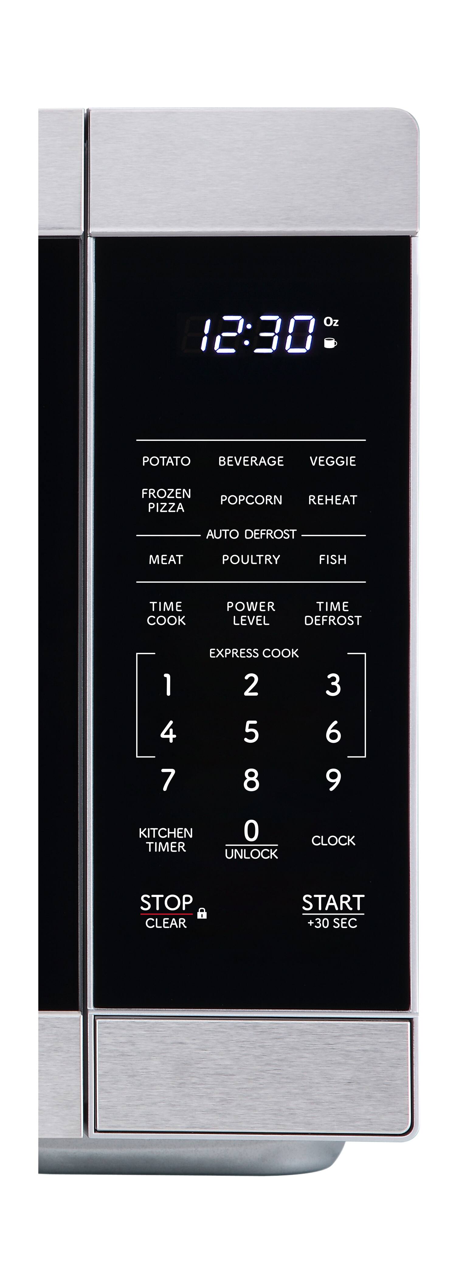 Oz 12:30  
POTATO BEVERAGE VEGGIE  
FROZEN POPCORN REHEAT  
PIZZA AUTO DEFROST  
MEAT POULTRY FISH  
TIME COOK POWER TIME LEVEL DEFROST  
EXPRESS COOK 1 2 3 4 5 6 7 8 9  
KITCHEN TIMER UNLOCK CLOCK  
STOP CLEAR START +30 SEC