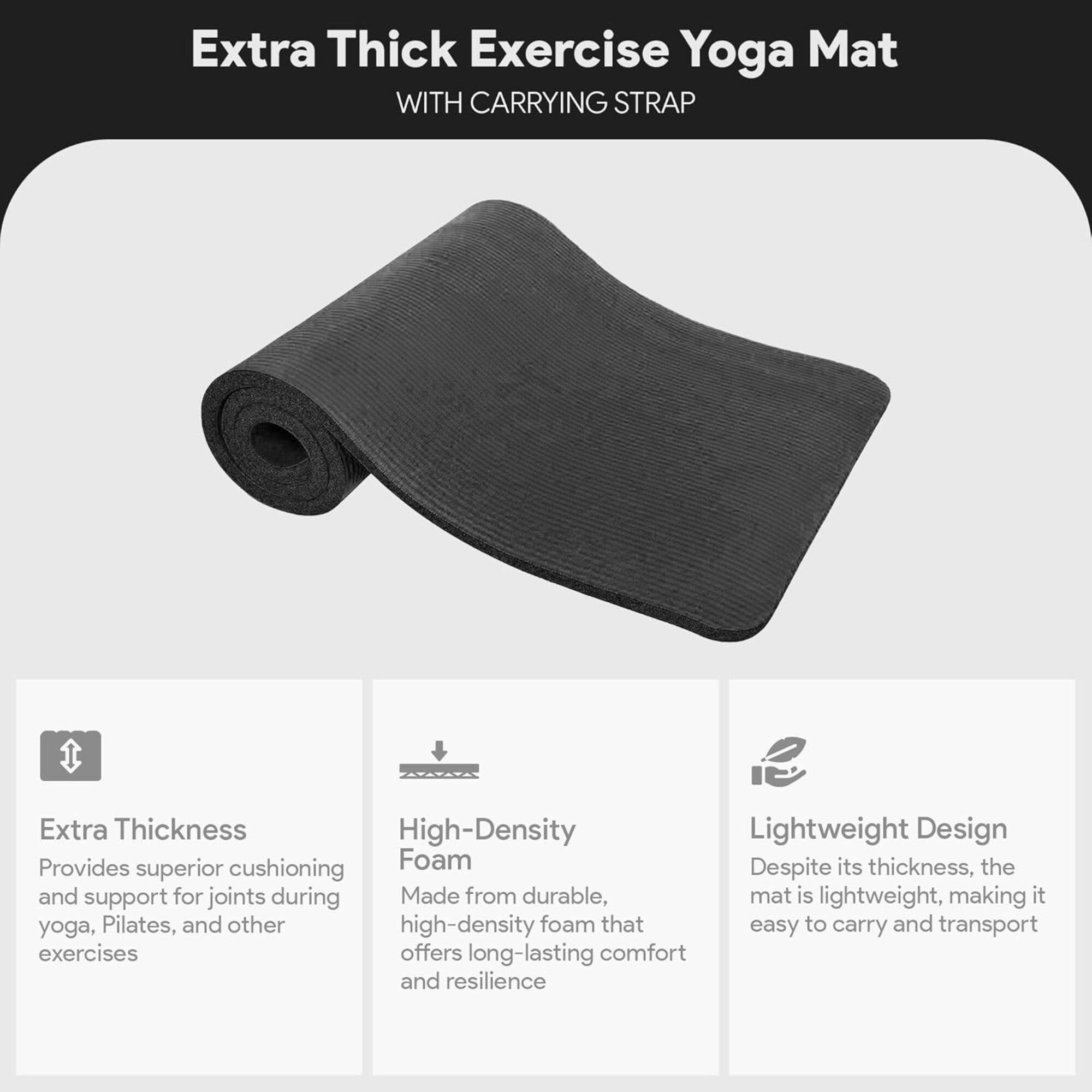 Extra Thick Exercise Yoga Mat WITH CARRYING STRAP

Extra Thickness
Provides superior cushioning and support for joints during yoga, Pilates, and other exercises

High-Density Foam
Made from durable, high-density foam that offers long-lasting comfort and resilience

Lightweight Design
Despite its thickness, the mat is lightweight, making it easy to carry and transport