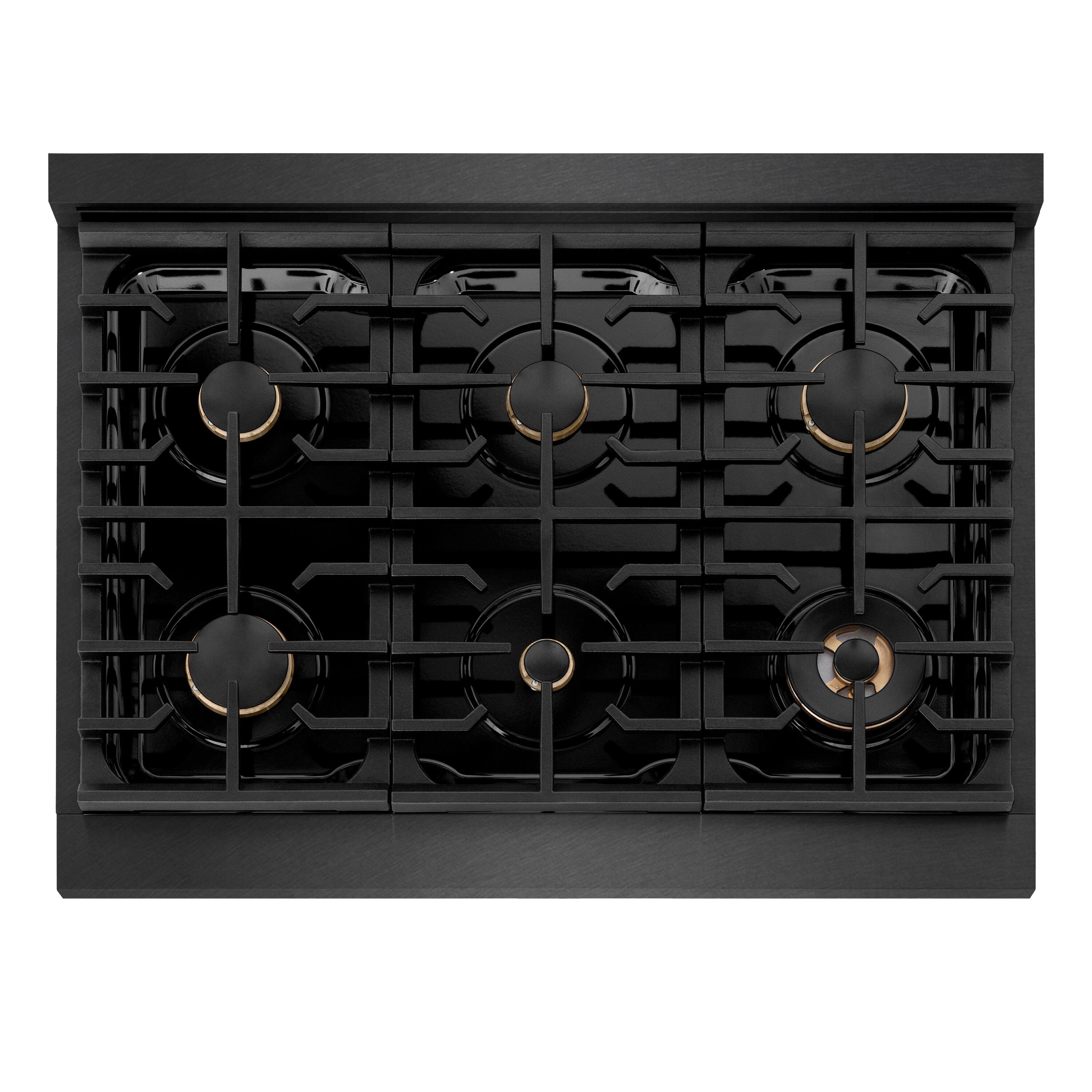 Left. ZLINE - ZLINE 36 in. 5.2 cu. ft. Freestanding Paramount Dual Fuel Range in Black Satin Stainless Steel with 6 Brass Burners - Black Satin Stainless Steel.