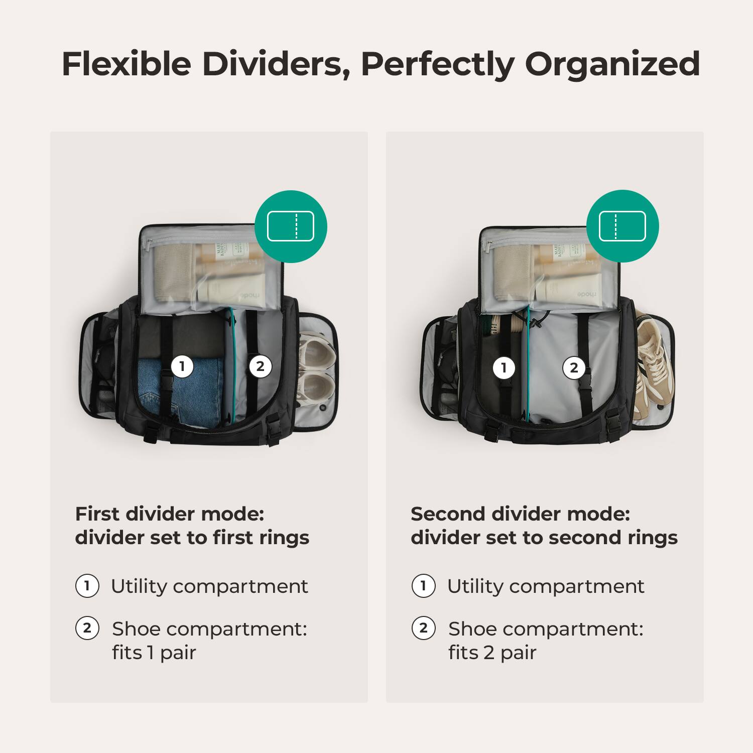 Flexible Dividers, Perfectly Organized

First divider mode: divider set to first rings
1. Utility compartment
2. Shoe compartment: fits 1 pair

Second divider mode: divider set to second rings
1. Utility compartment
2. Shoe compartment: fits 2 pair