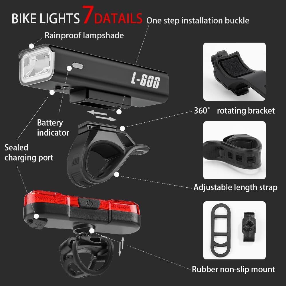 BIKE LIGHTS 7 DETAILS

- Rainproof lampshade
- Battery indicator
- Sealed charging port
- 360° rotating bracket
- Adjustable length strap
- Rubber non-slip mount
- One step installation buckle