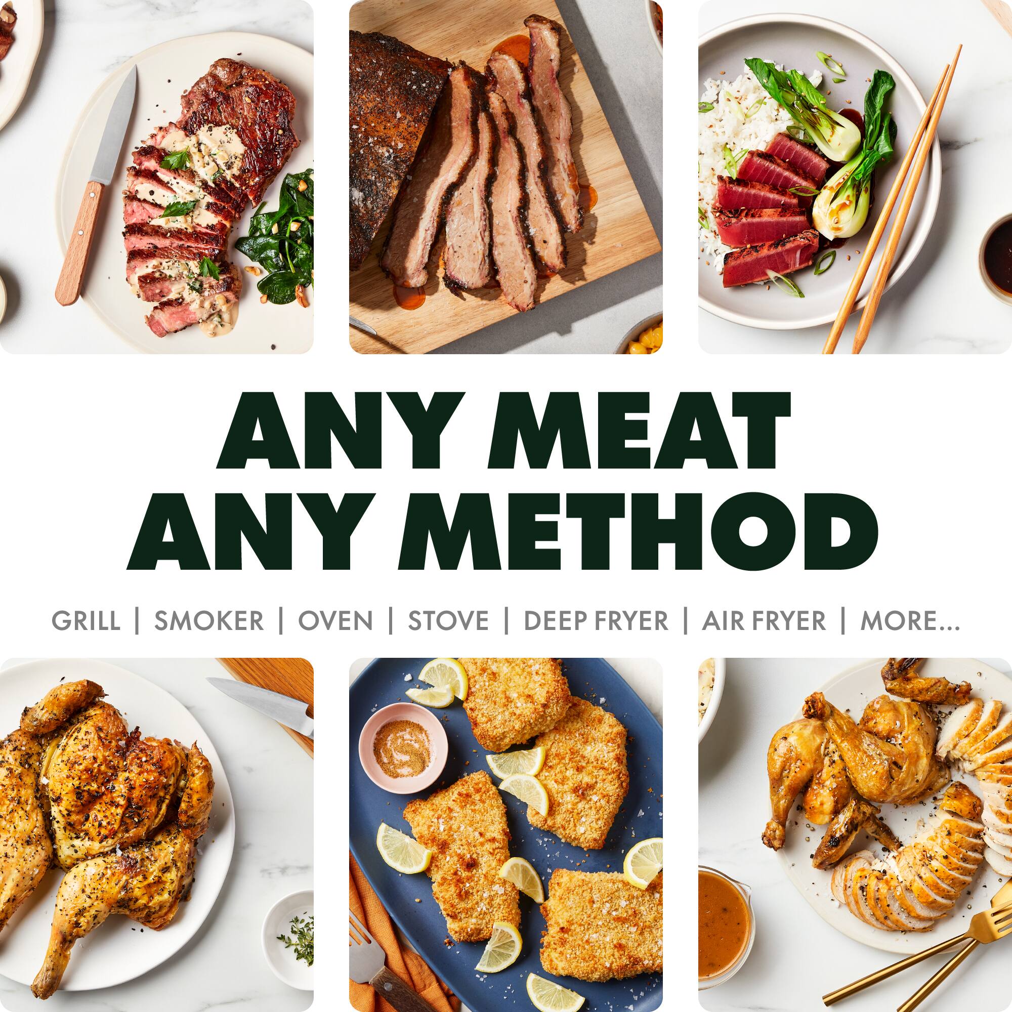 ANY MEAT ANY METHOD

GRILL | SMOKER | OVEN | STOVE | DEEP FRYER | AIR FRYER | MORE...