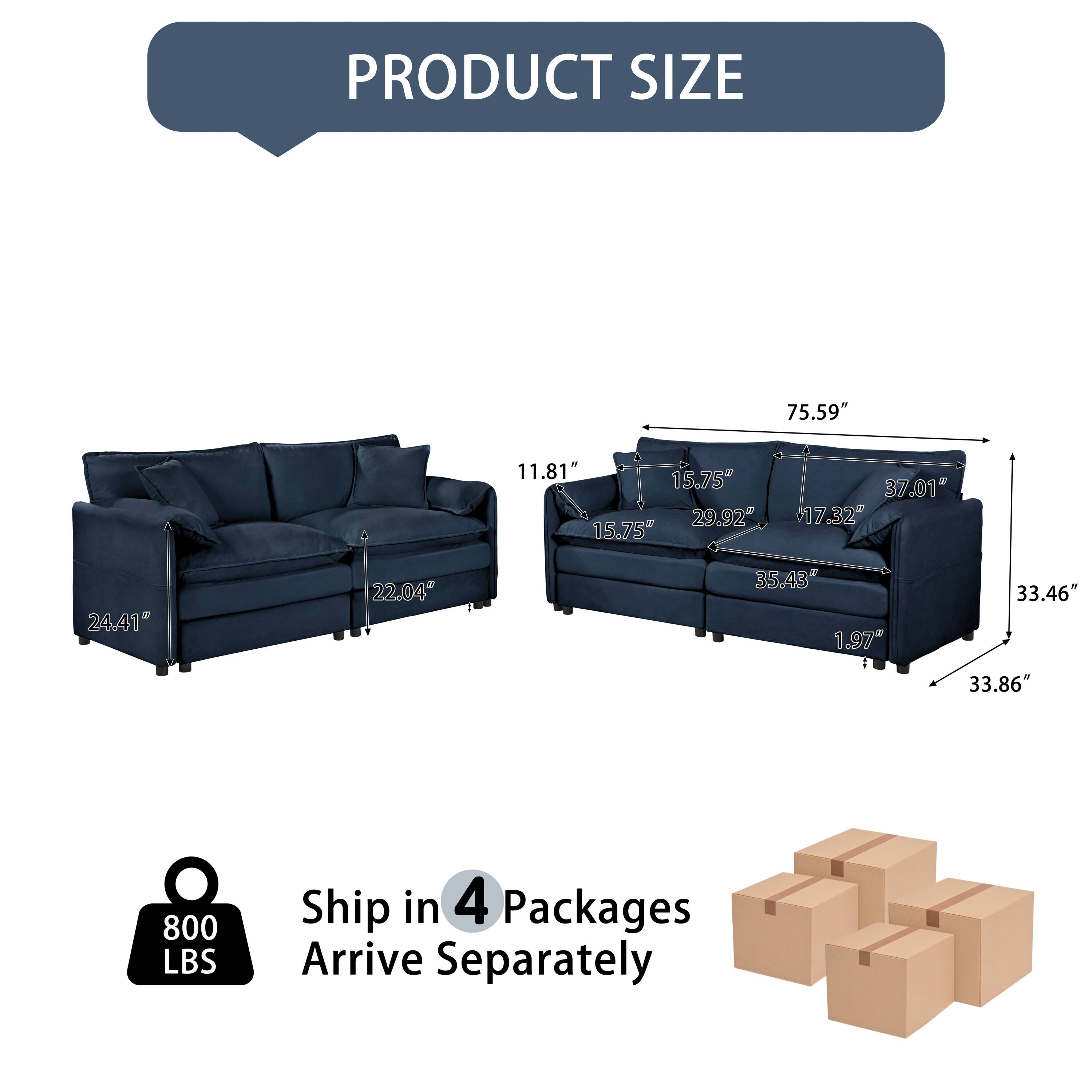 PRODUCT SIZE  
75.59" x 11.81" x 15.75" x 29.92" x 15.75" x 37.01" x 17.32" x 24.41" x 22.04" x 35.43" x 1.97" x 33.46" x 33.86"  
800 LBS  
Ship in 4 Packages  
Arrive Separately