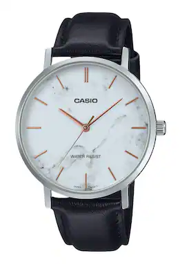 Casio - Standard Analog Black Leather Strap Marble Inspired White Dial Quartz MTP-VT01LM-7A Men's Watch 30M - Black and White