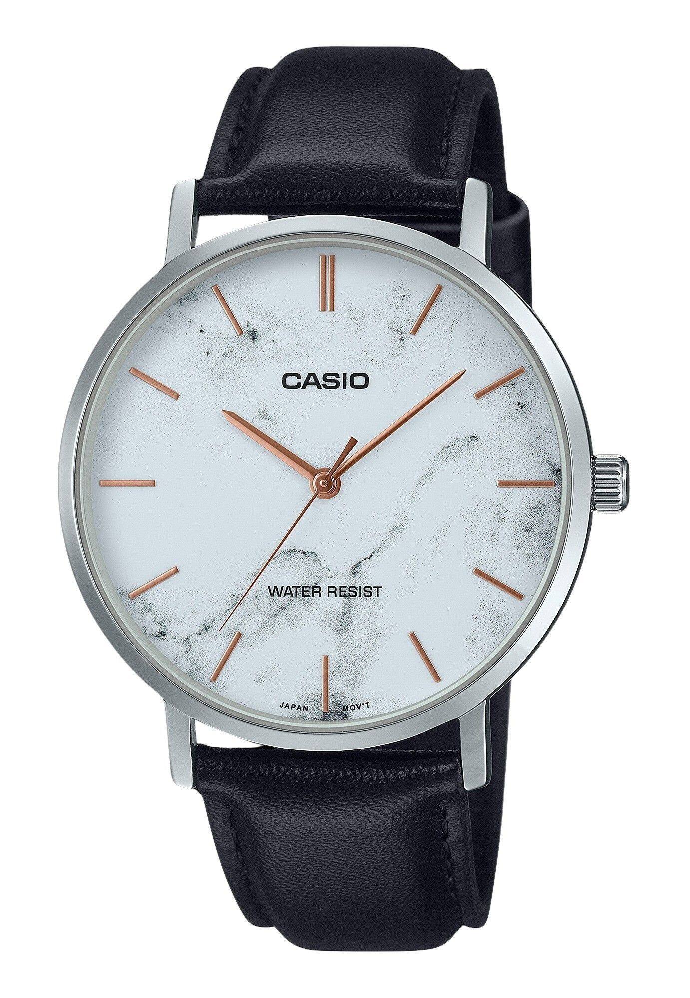 Casio - Standard Analog Black Leather Strap Marble Inspired White Dial Quartz MTP-VT01LM-7A Men's Watch 30M - Black and White