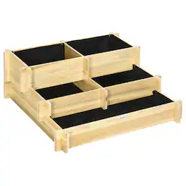 Outsunny - Tier Raised Garden Bed, Water Draining Fabric for Soil, Elevated Wood Flower Box for Vegetables - Natural Wood