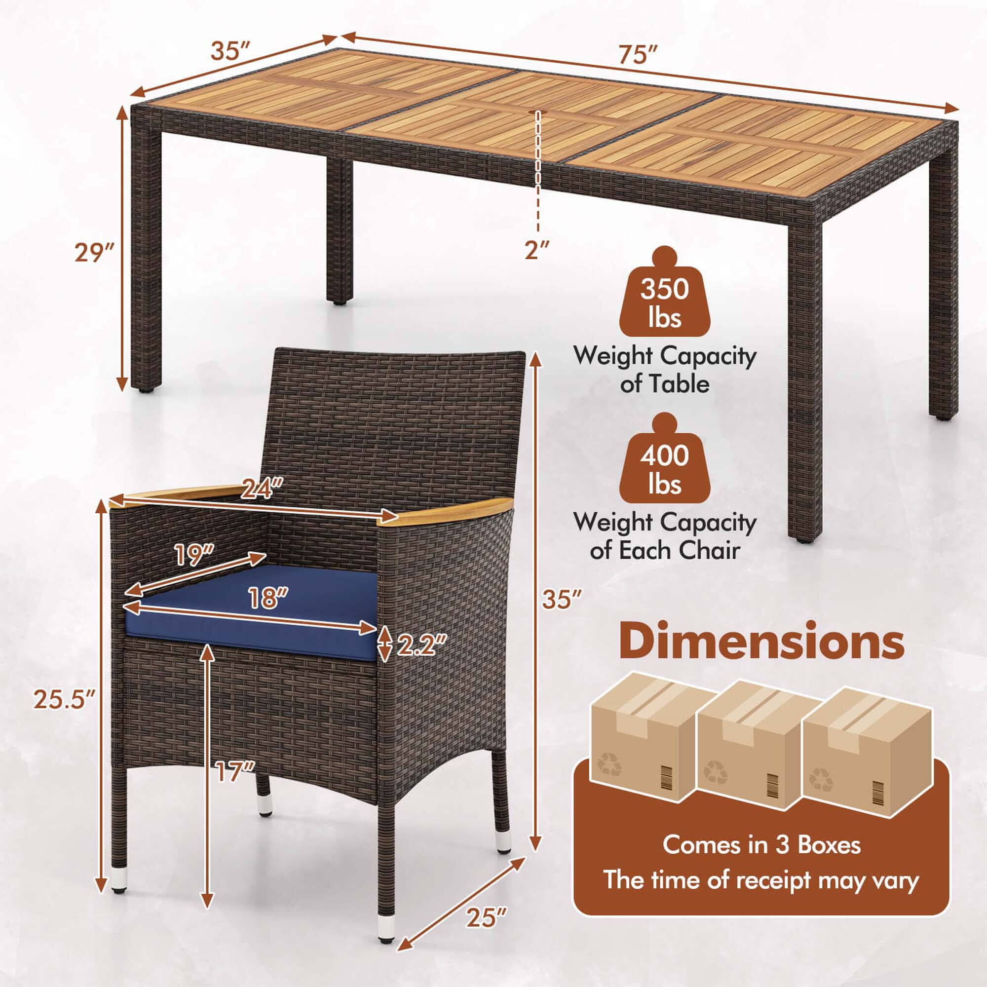 The image features a table and chairs with dimensions and weight capacities listed. The table is 35" in length and 75" in width, with a weight capacity of 350 lbs. The chairs have a weight capacity of 400 lbs each, and they are 29" in height. The chairs are also available in three different boxes, with the dimensions of 25.5" x 24" x 19" for each box. The image suggests that the time of receipt may vary.