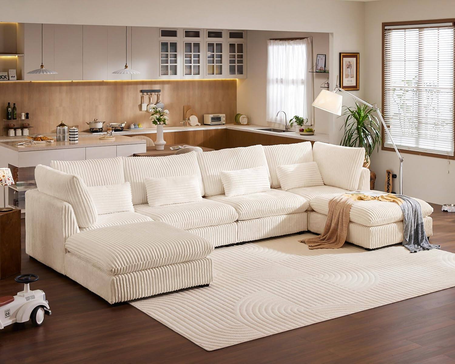 Angle. Yardgrace - 154" Oversized Corduroy Couch Modular Sectional Sofa，6 Seater Sectional Couches for Living Room, Fully Cover Removable - Beige.