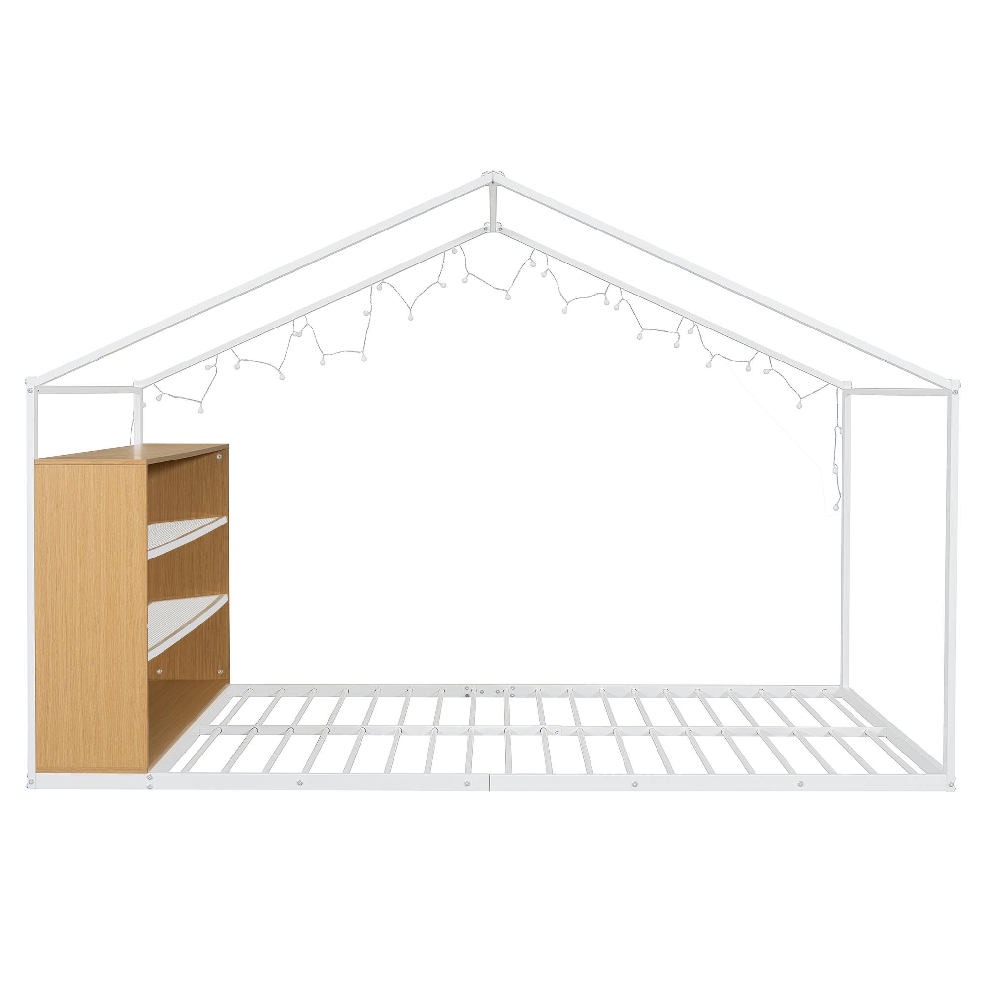 Alt View 1. GOODSILO - Full Size Metal House Bed Frame with Shelves and Lights - White.