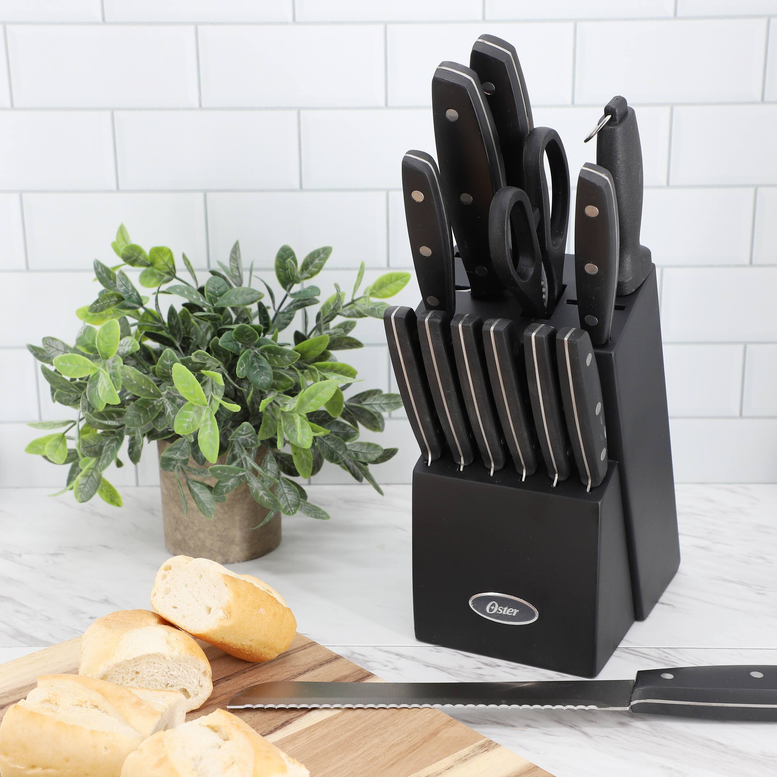 Alt View 6. Oster - Oster Riggins 14 Piece Stainless Steel Cutlery Set with Hardwood Storage Block in Black - Black.