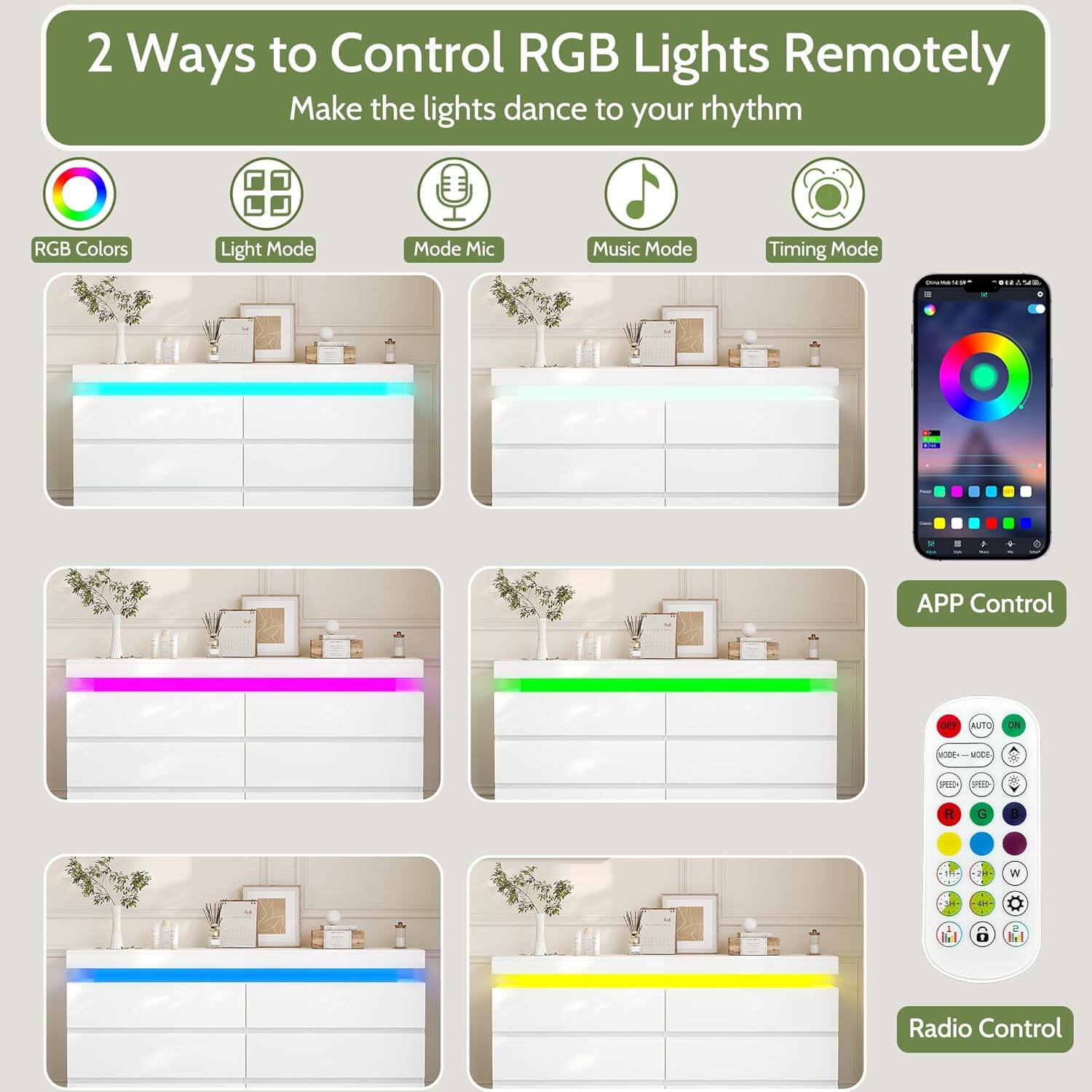 2 Ways to Control RGB Lights Remotely  
Make the lights dance to your rhythm  

RGB Colors  
Light Mode  
Mode Mic  
Music Mode  
Timing Mode  

APP Control  
Radio Control